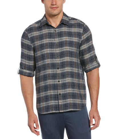 Untucked Roll Sleeve Linen Blend Check Shirt