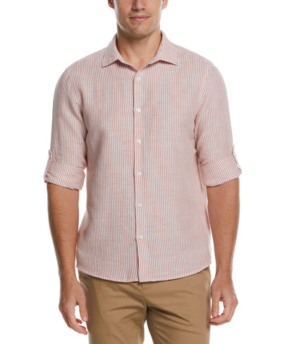 Untucked Roll Sleeve Linen Blend Stripe Shirt (Copper Brown) 