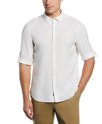 Untucked Slim Fit Linen Blend Rolled Sleeve Stripe Shirt (Bright White) 