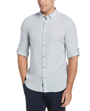 Untucked Slim Fit  Linen Blend Rolled Sleeve Stripe Shirt (Dusty Blue) 