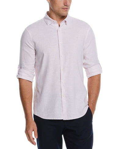 Untucked Slim Fit Linen Blend Rolled Sleeve Stripe Shirt (Lavender Fog) 