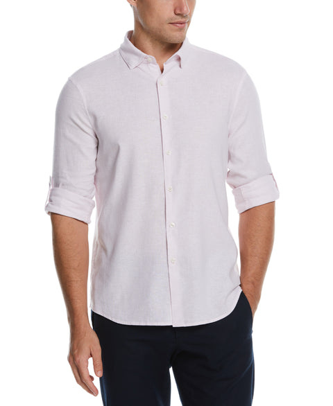 Untucked Slim Fit Linen Blend Rolled Sleeve Stripe Shirt (Lavender Fog) 