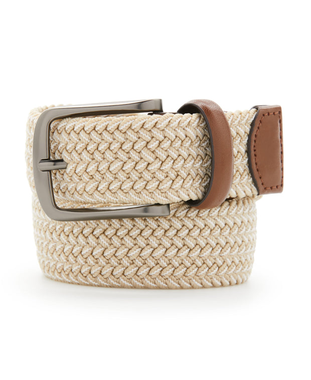 Woven Stretch Leather-Trim Belt (Khaki) 
