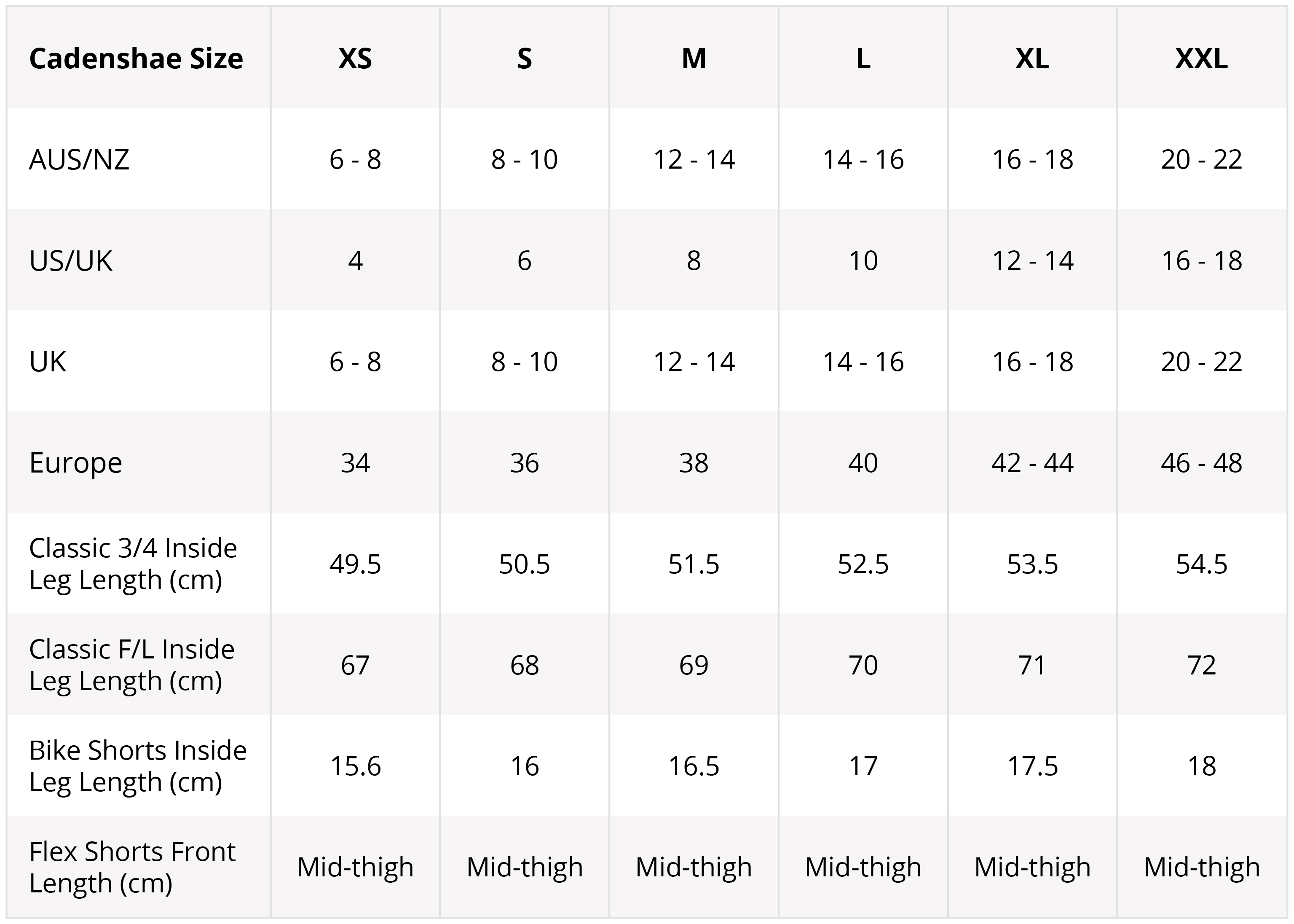 Bottoms Sizes