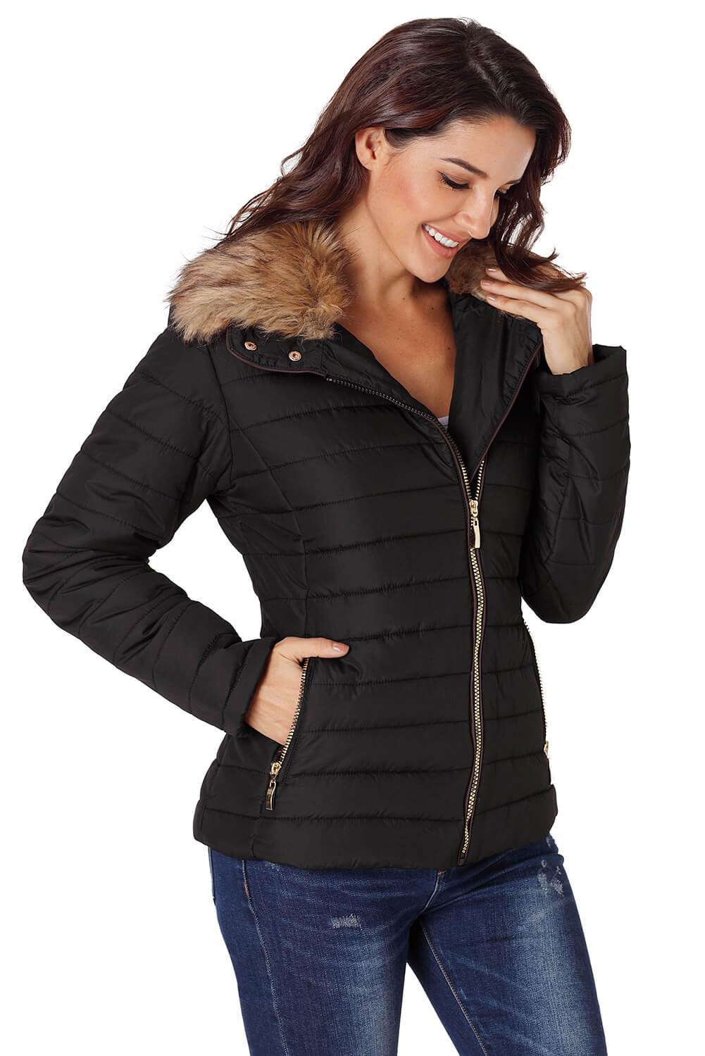 Camel Faux Fur Collar Trim Quilted Jacket by Sensual Fashion Boutique