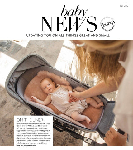 binibamba's sheepskin buggy liner in rose featured in baby magazine's October issue