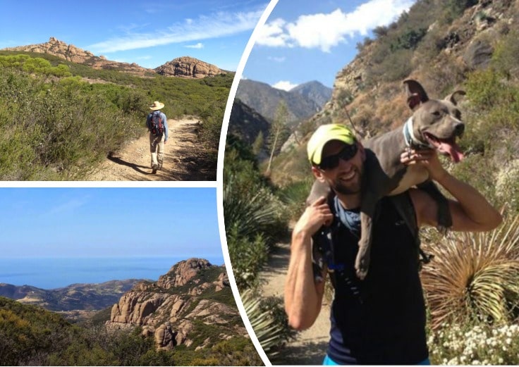 image showing views of Sandstone Peak in Malibu and a person with his dog hiking there