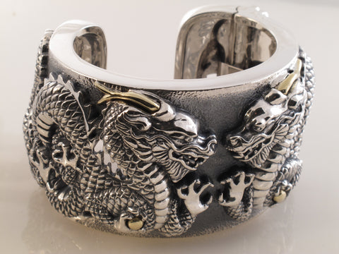 Wide Cuff with Double Dragons, Sterling with 18kt