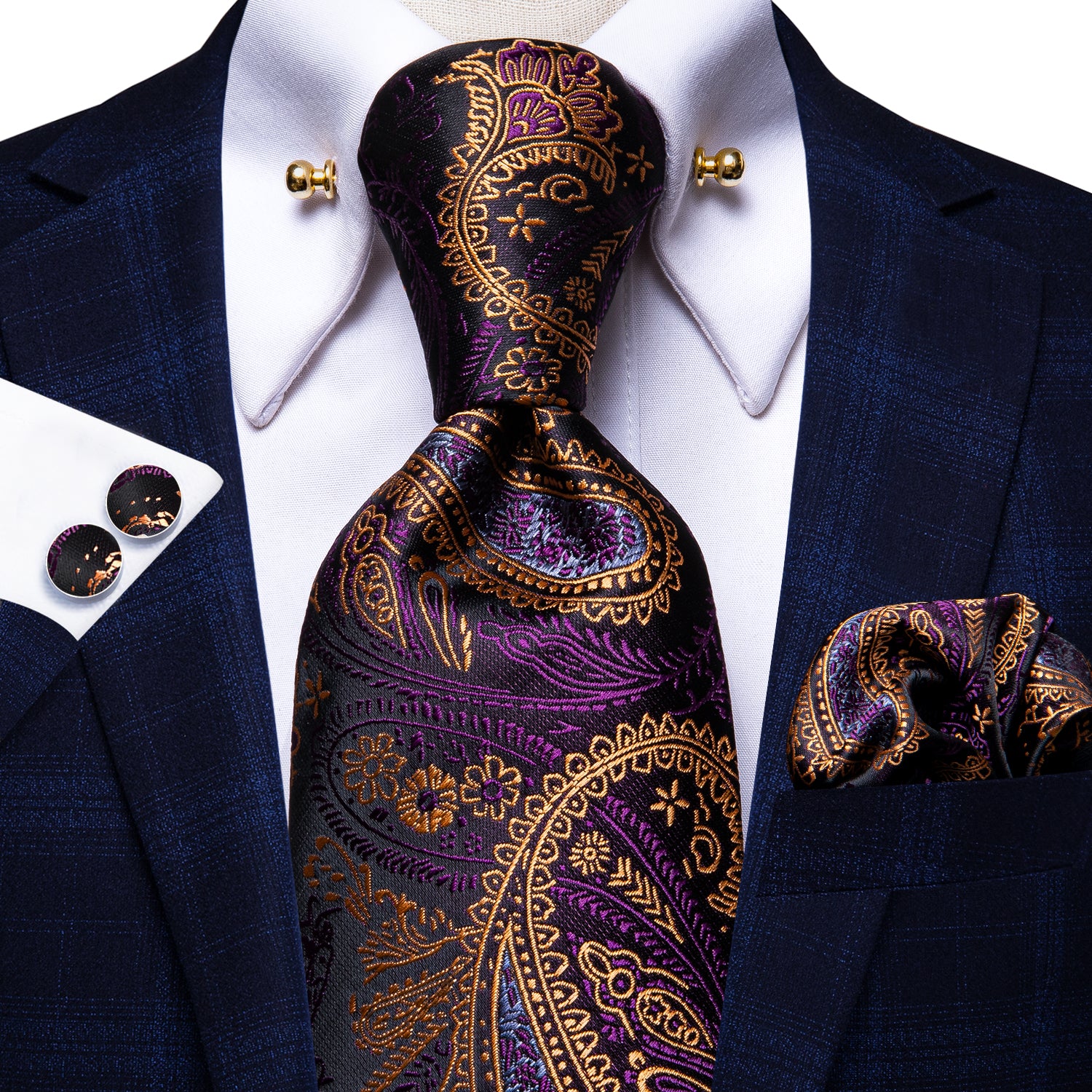 Men's Geometric Pattern Dress Shirt with Tie Handkerchief and Cufflinks 