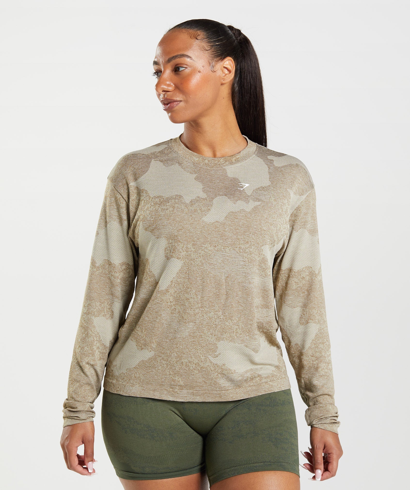 Gymshark Adapt Camo Seamless Lace Up Back Top - Moss Olive/Core
