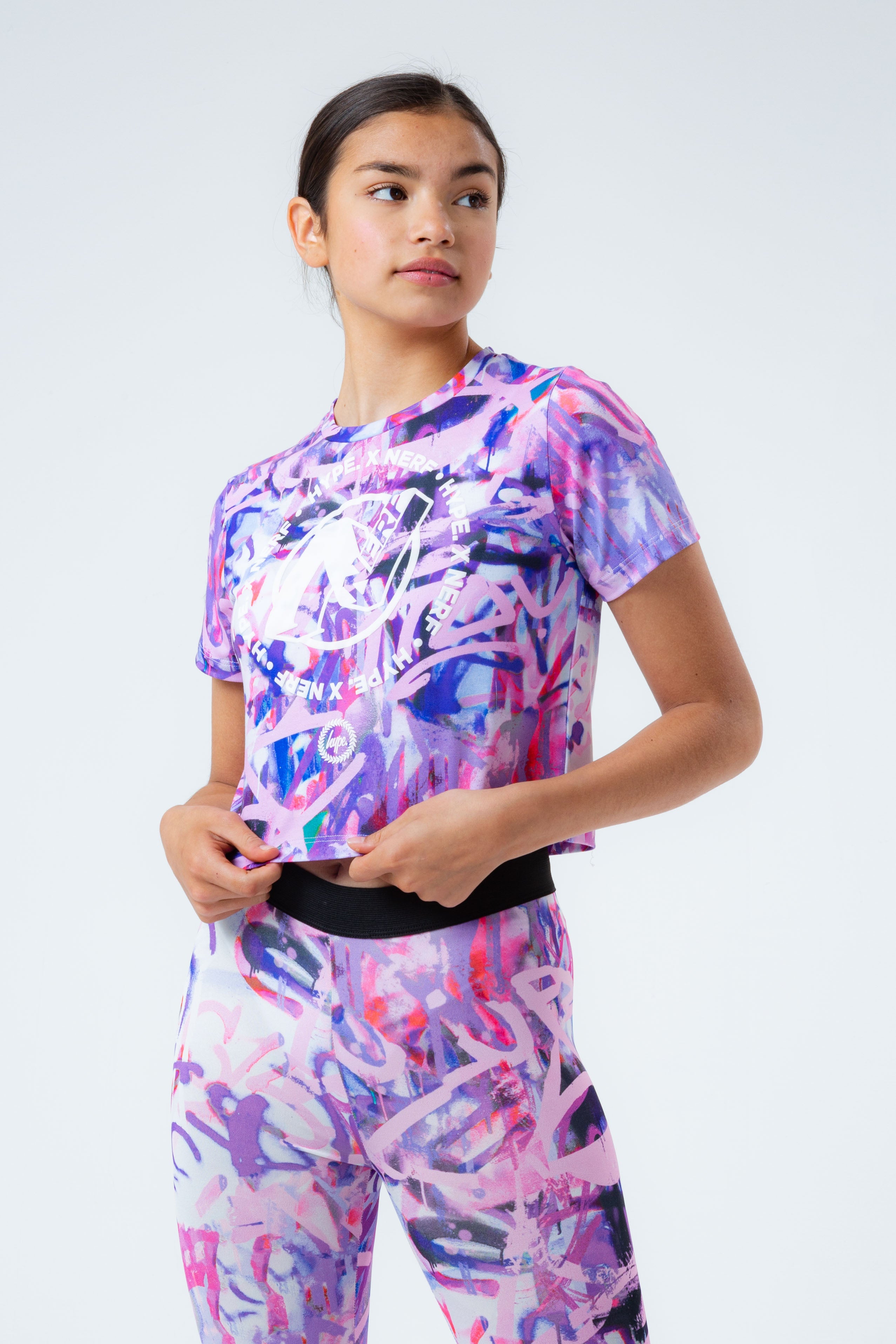hype x nerf purple graffiti girls crop t-shirt
