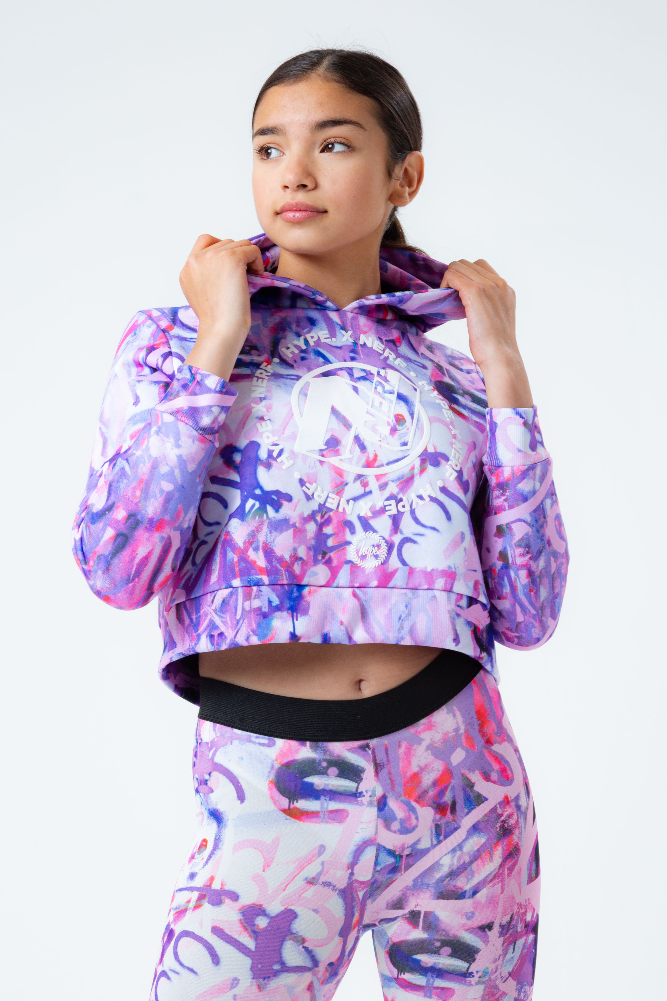 hype x nerf purple graffiti girls crop pullover hoodie
