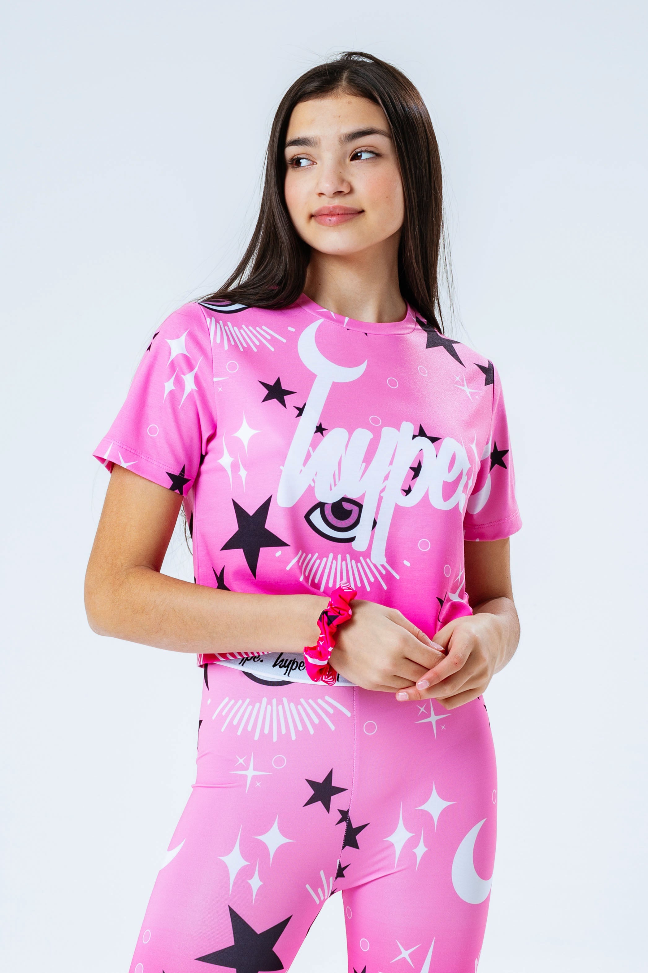 hype pink mystic aop girls crop t-shirt & scrunchie set