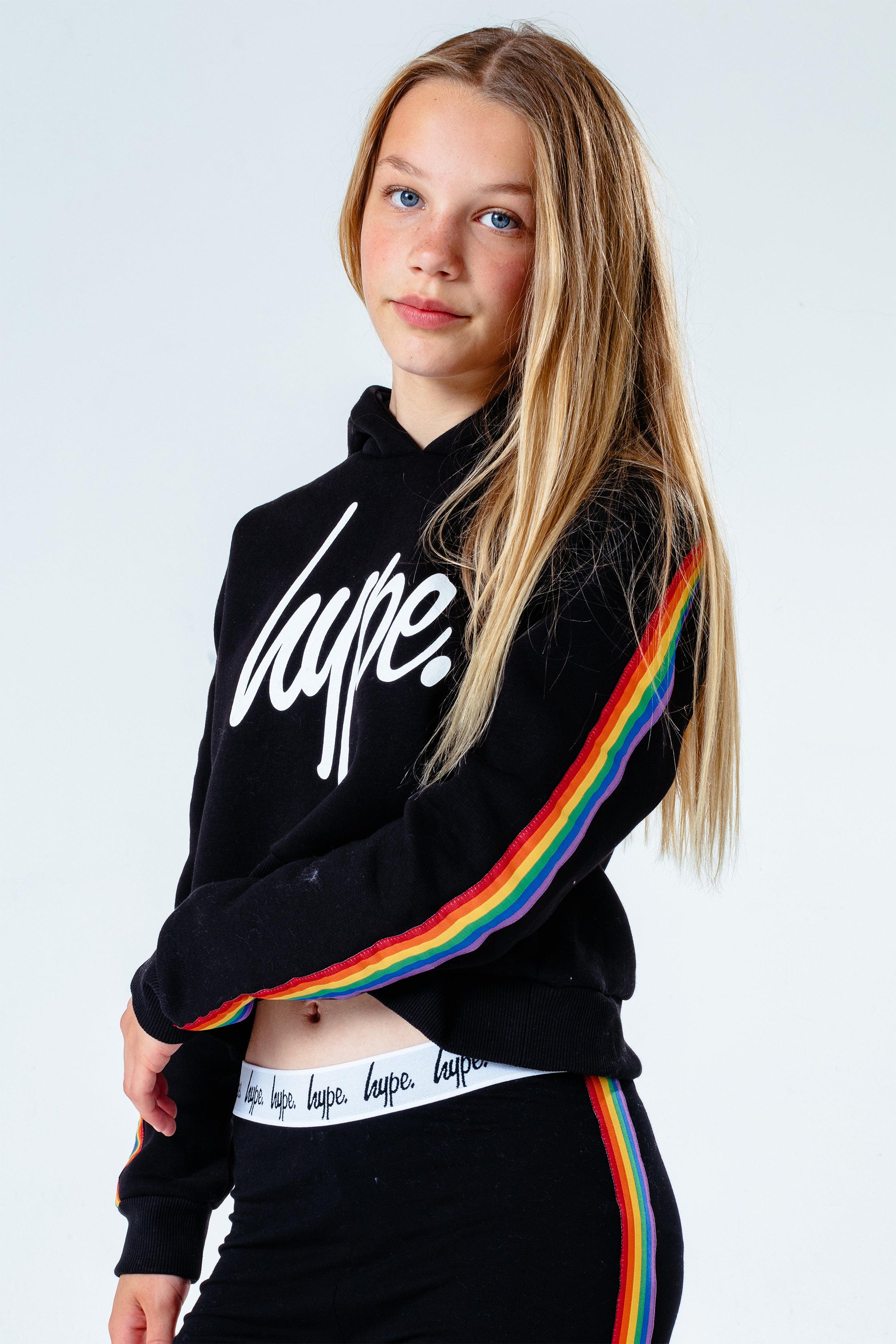 hype black rainbow taped girls crop pullover hoodie