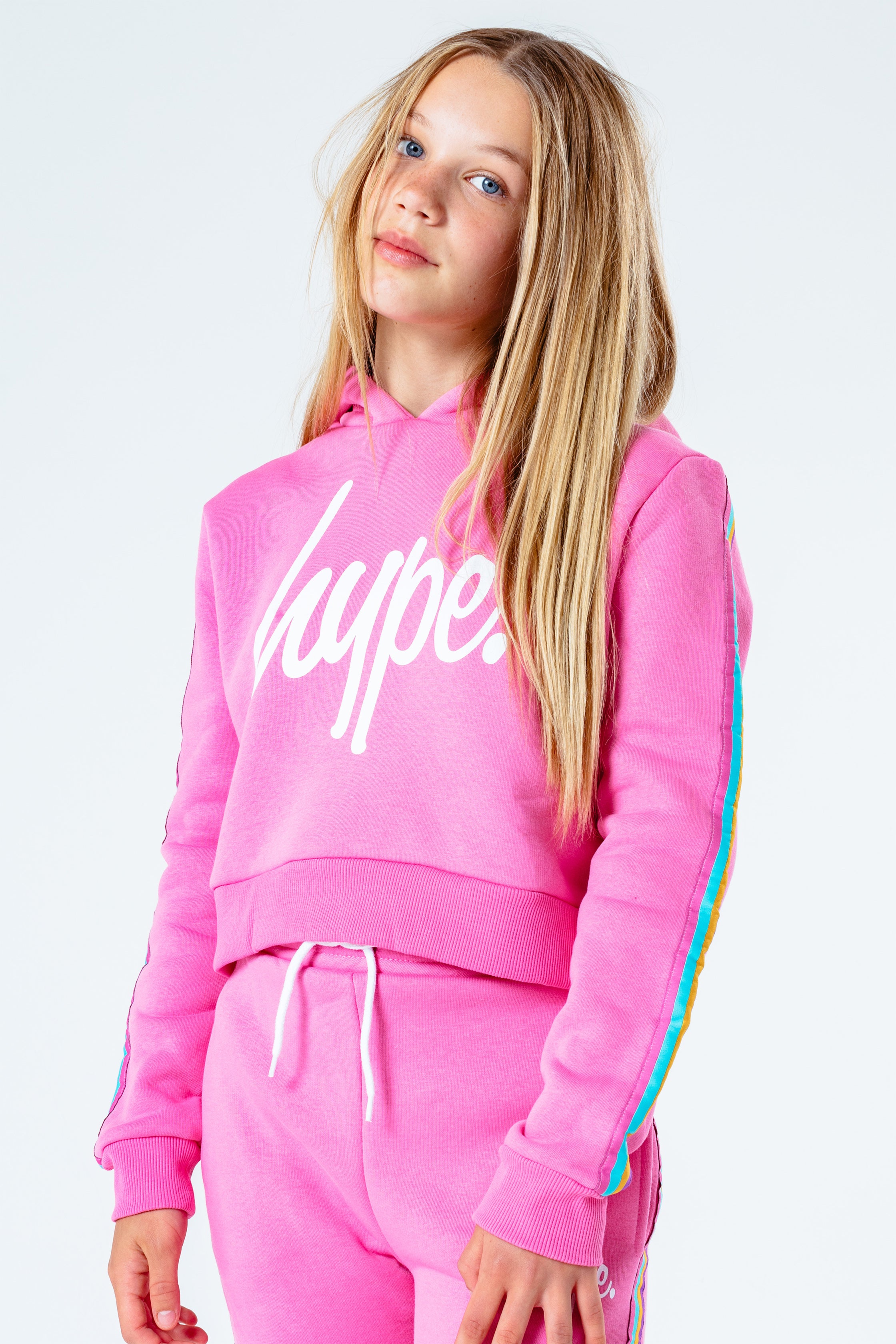 hype pink rainbow taped girls crop pullover hoodie