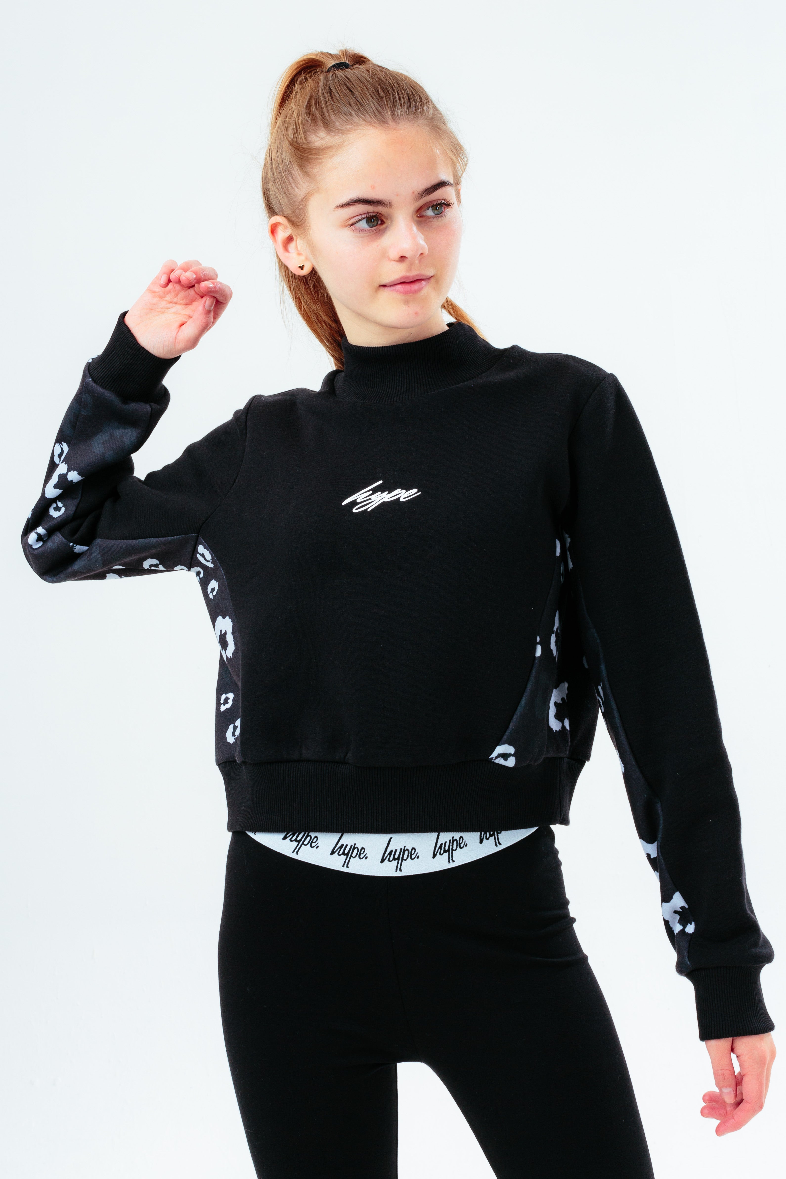 hype girls black leopard panel scribble cropped high neck crew neck