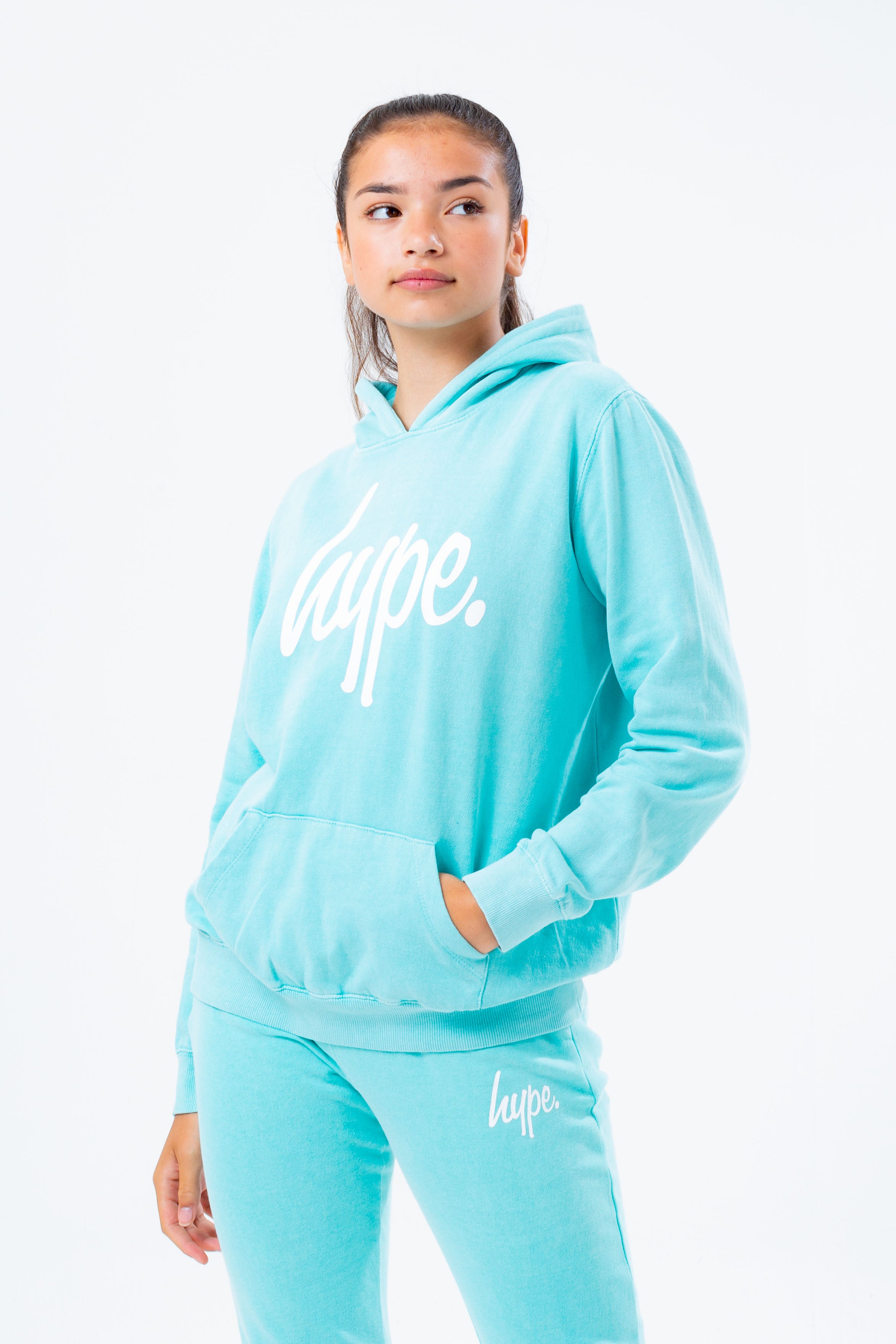 hype washed mint script logo girls pullover hoodie