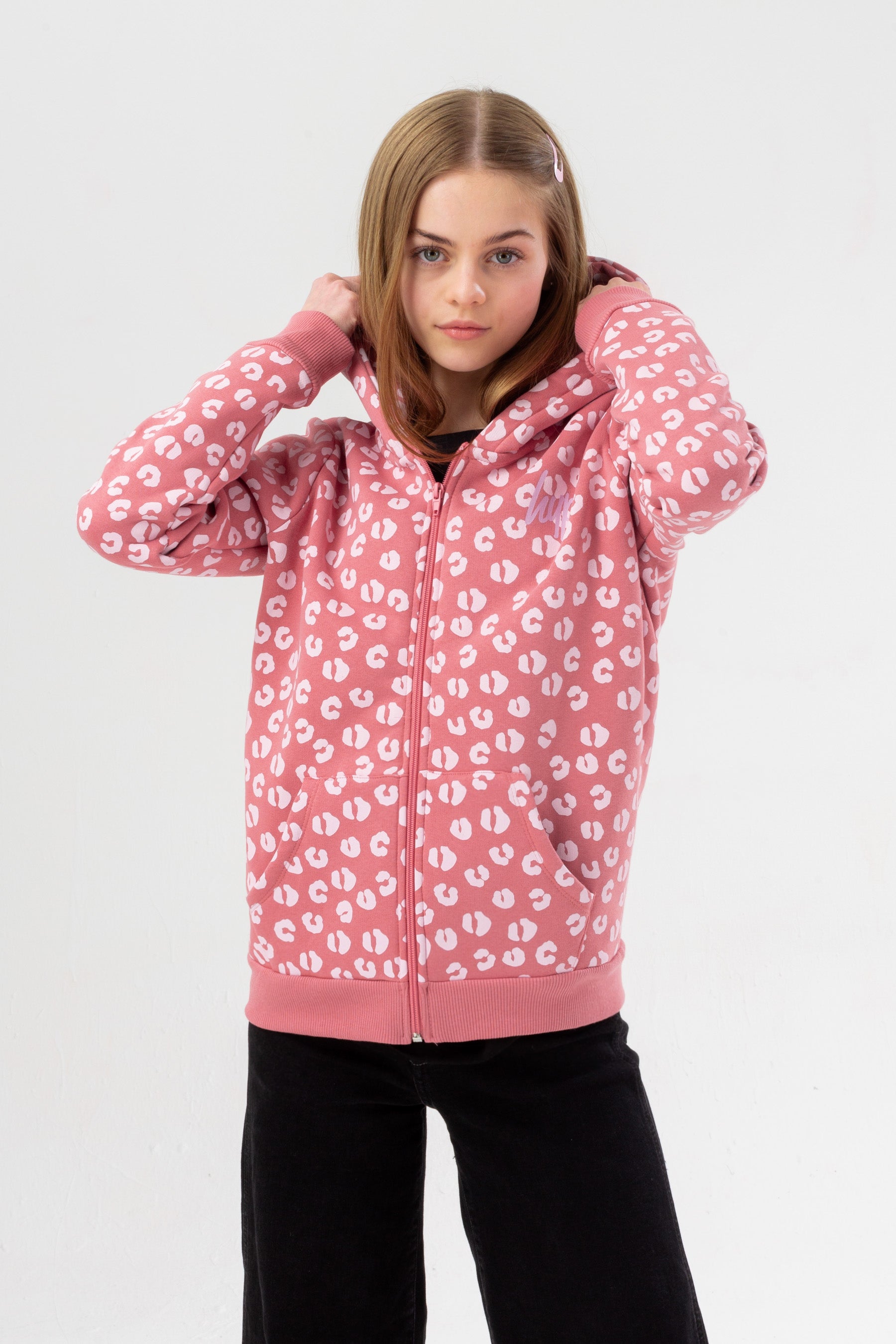 hype girls pink tonal leopard zip up hoodie