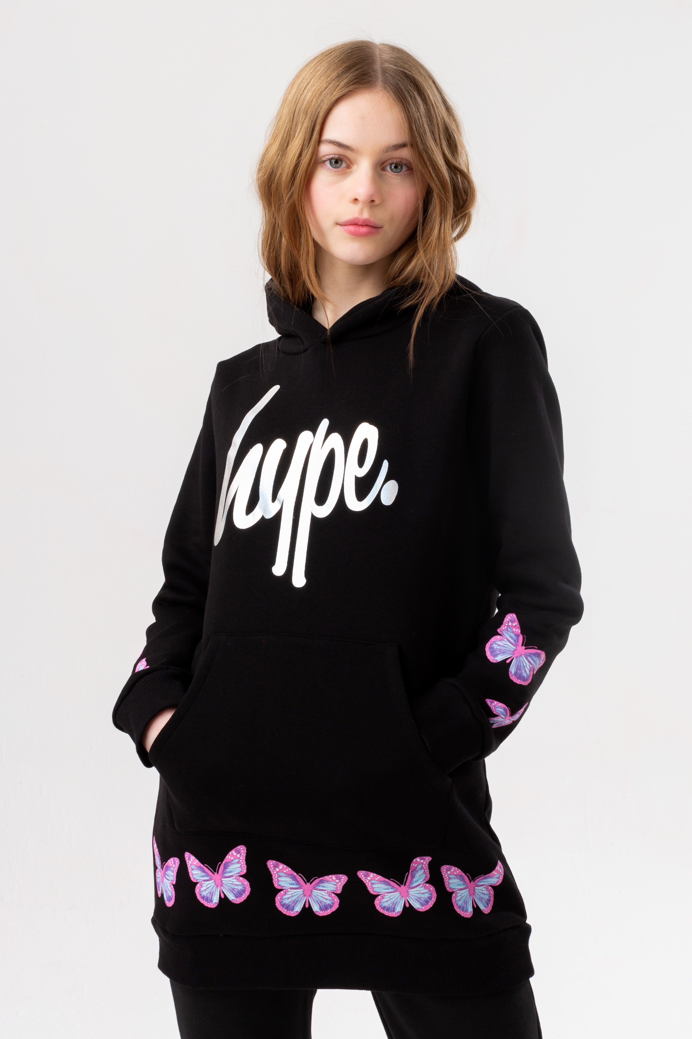 hype girls black holo butterfly script longline hoodie