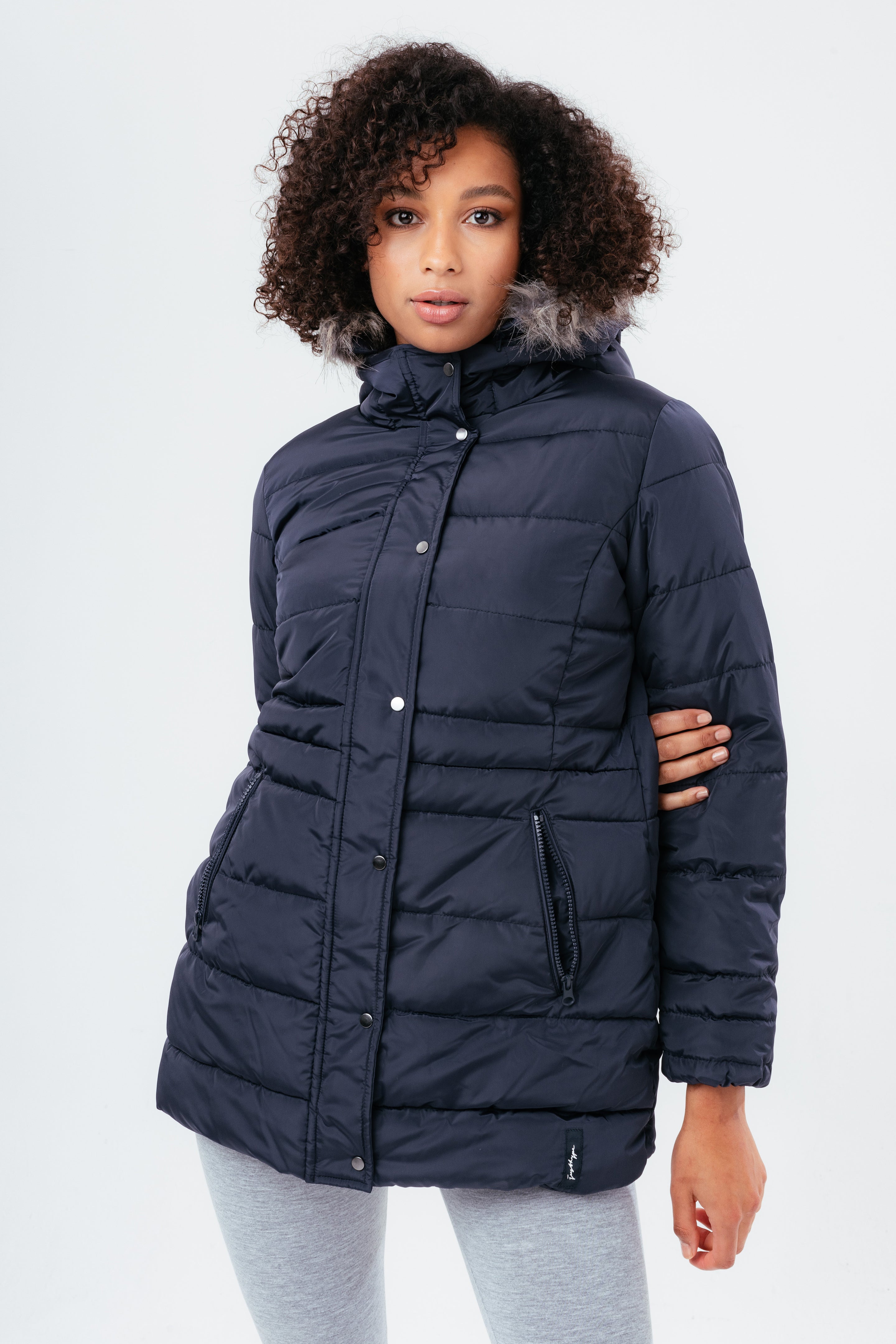 hype navy mid length women’s padded coat with fur