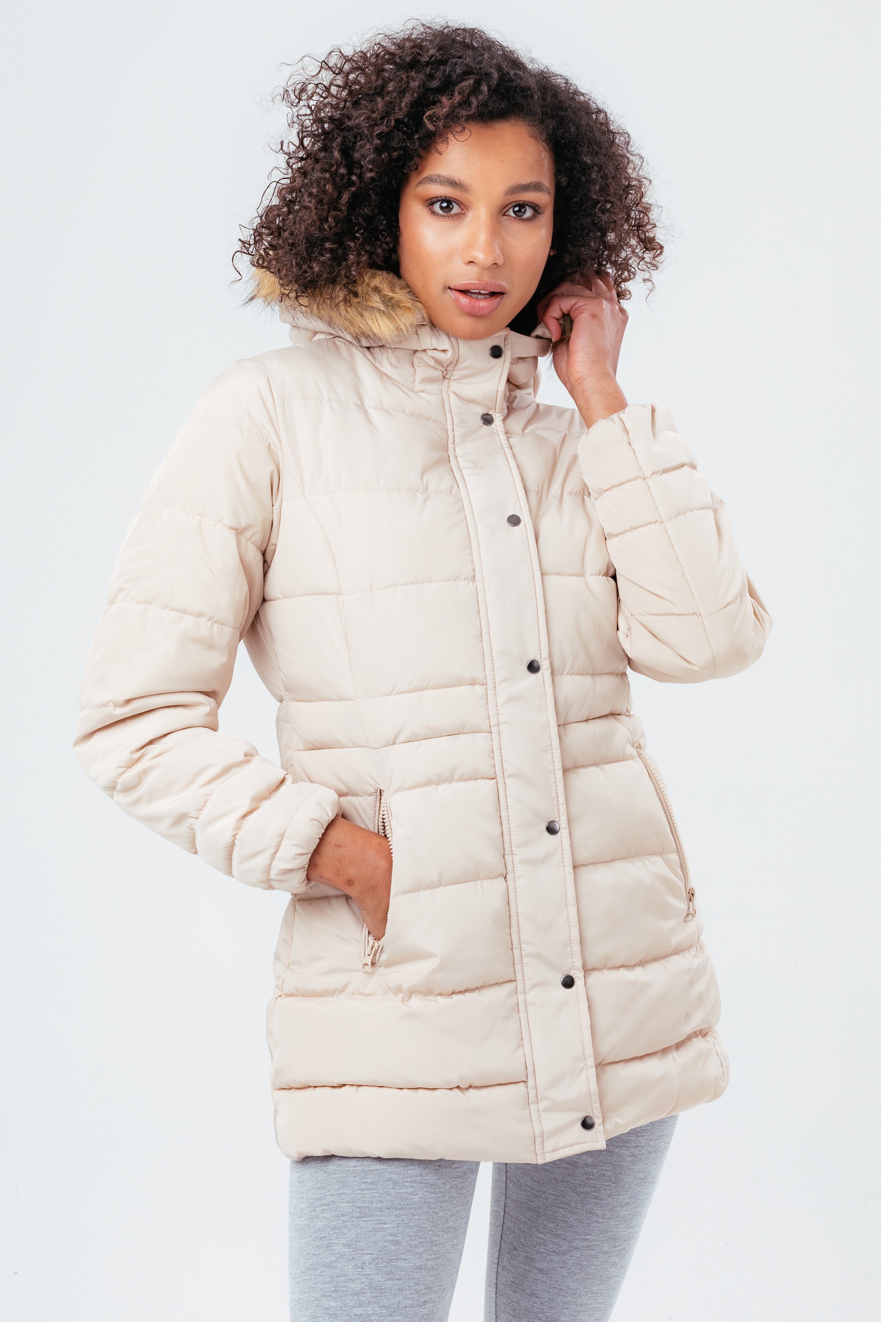 hype beige mid length women’s padded coat with fur