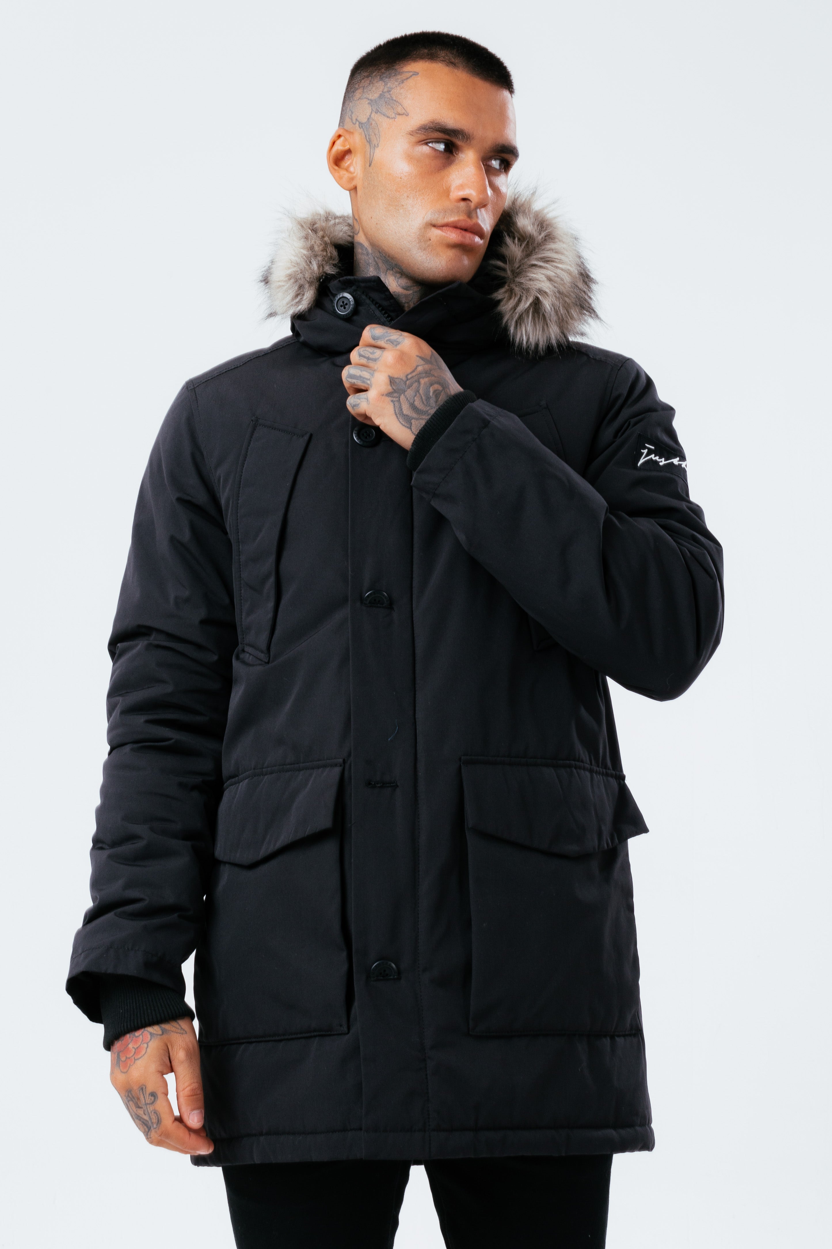 hype black luxe longline men’s parka jacket