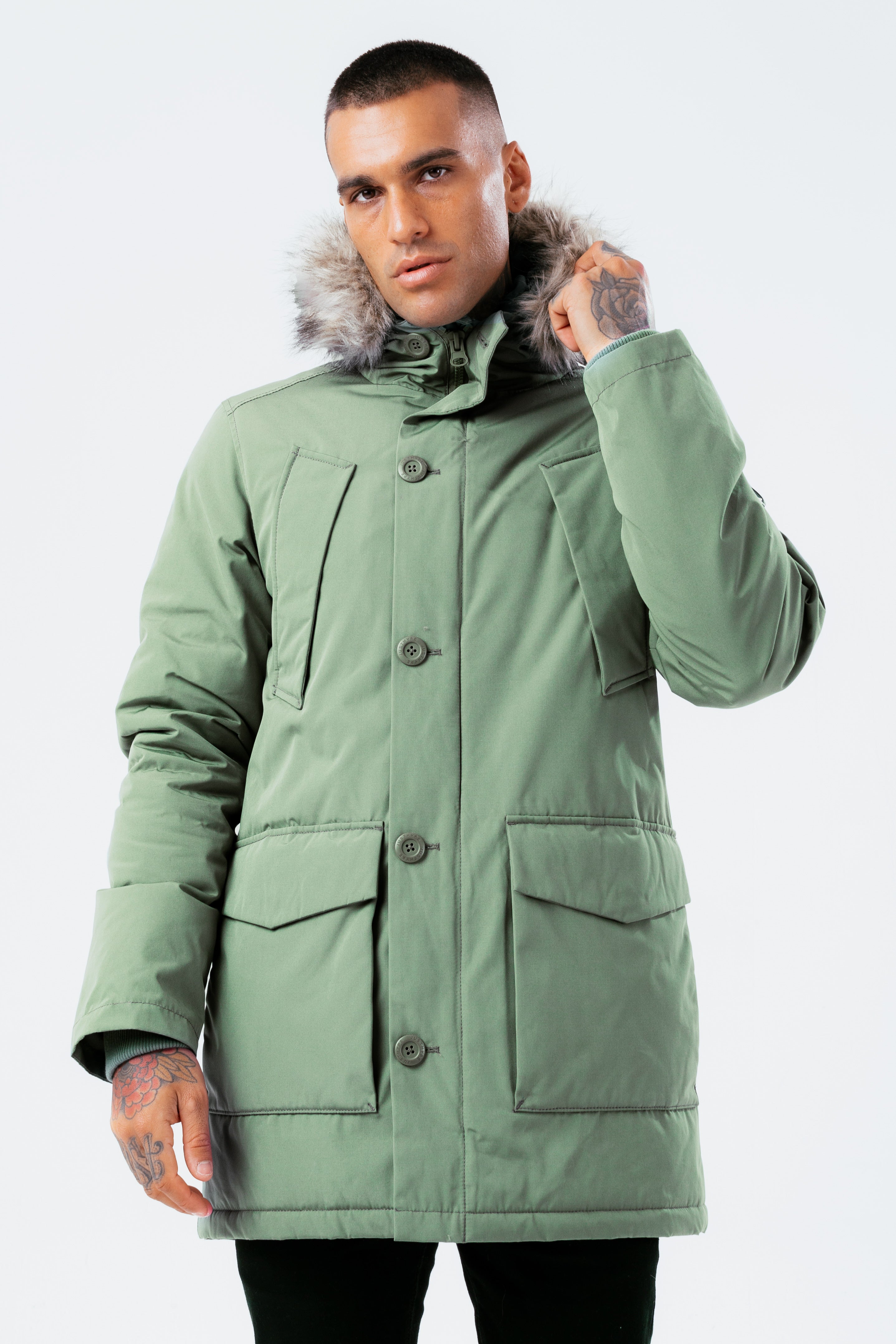 hype khaki luxe longline men’s parka jacket