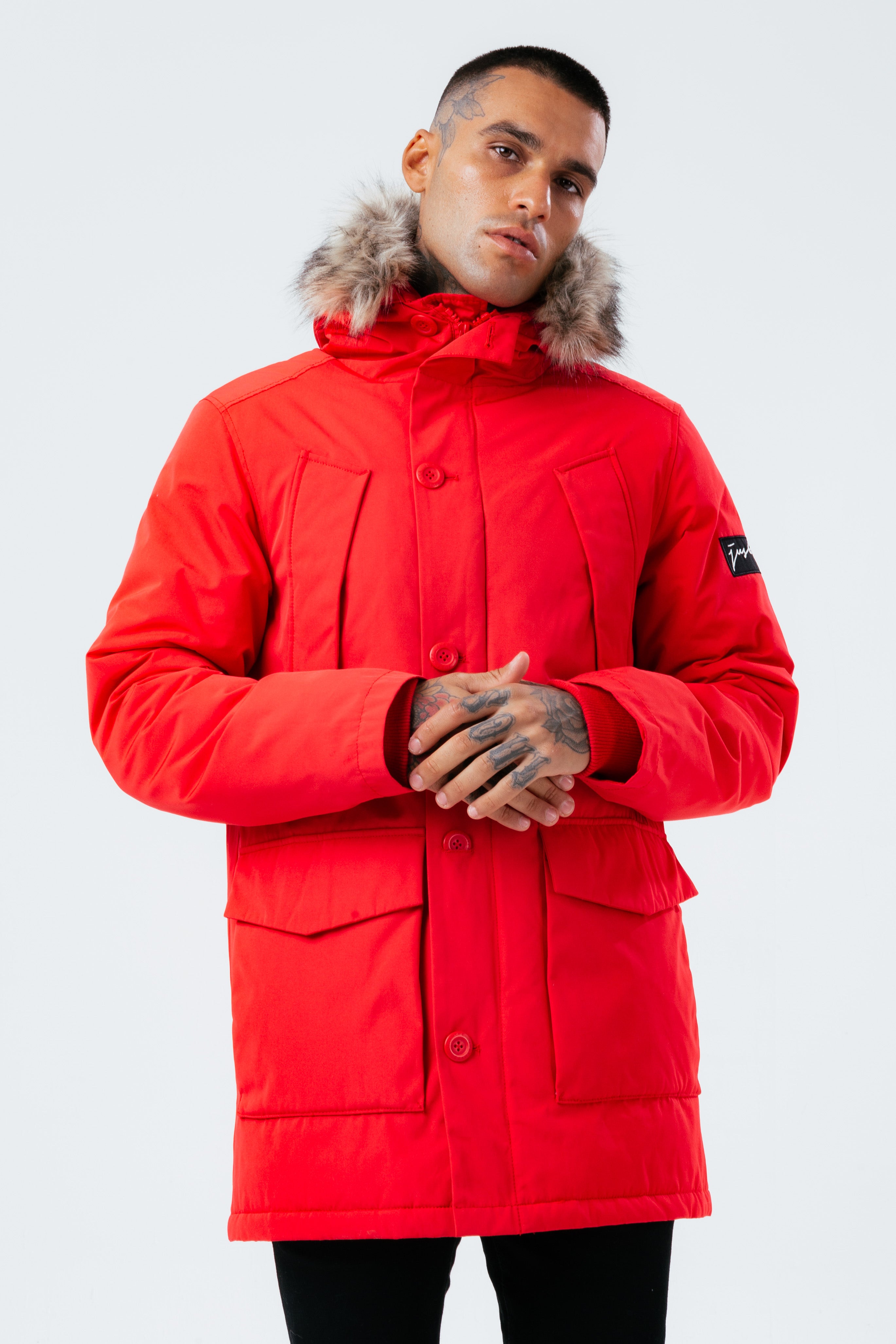 hype red luxe longline men’s parka jacket