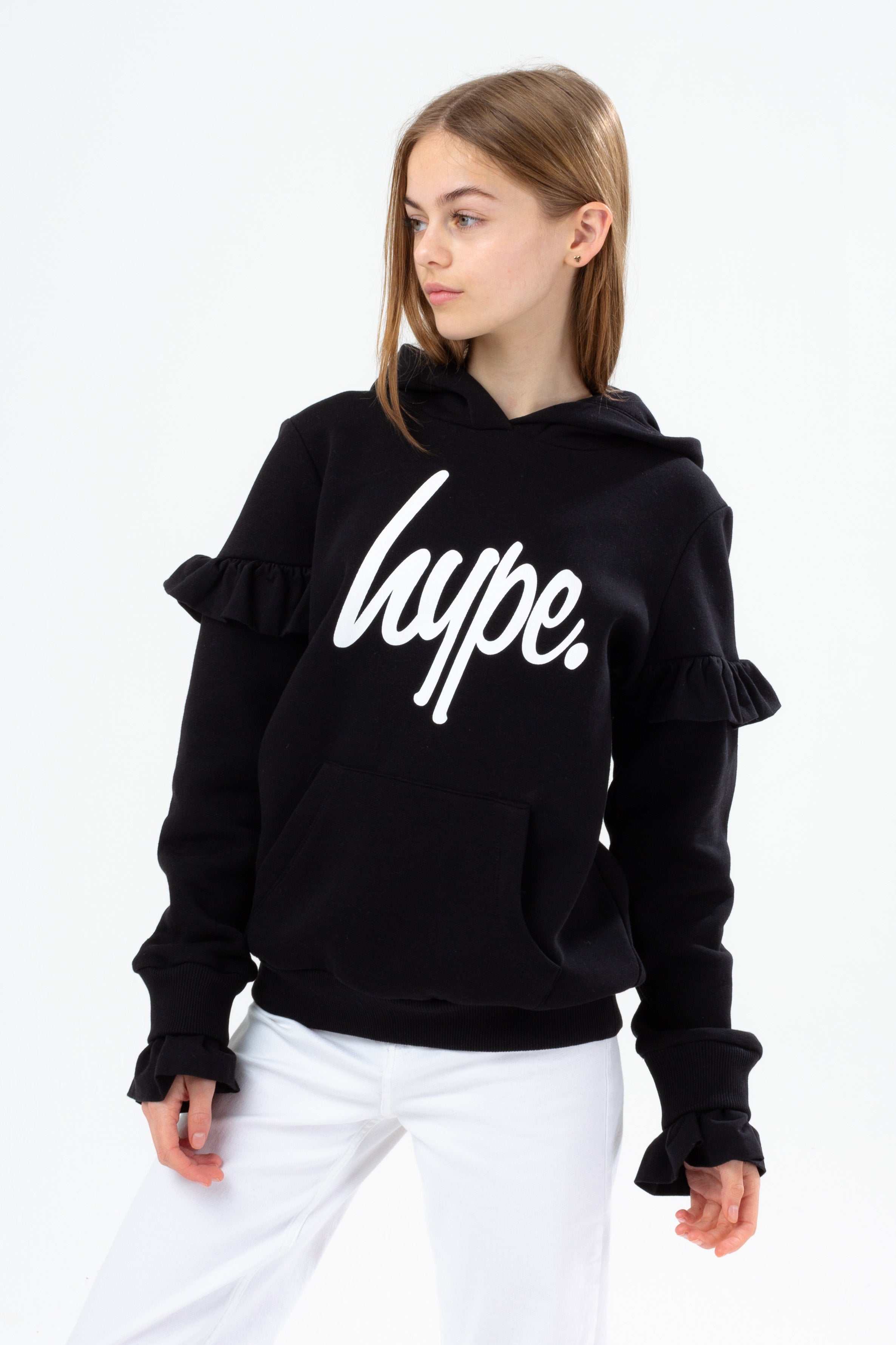 hype girls black script frill hoodie