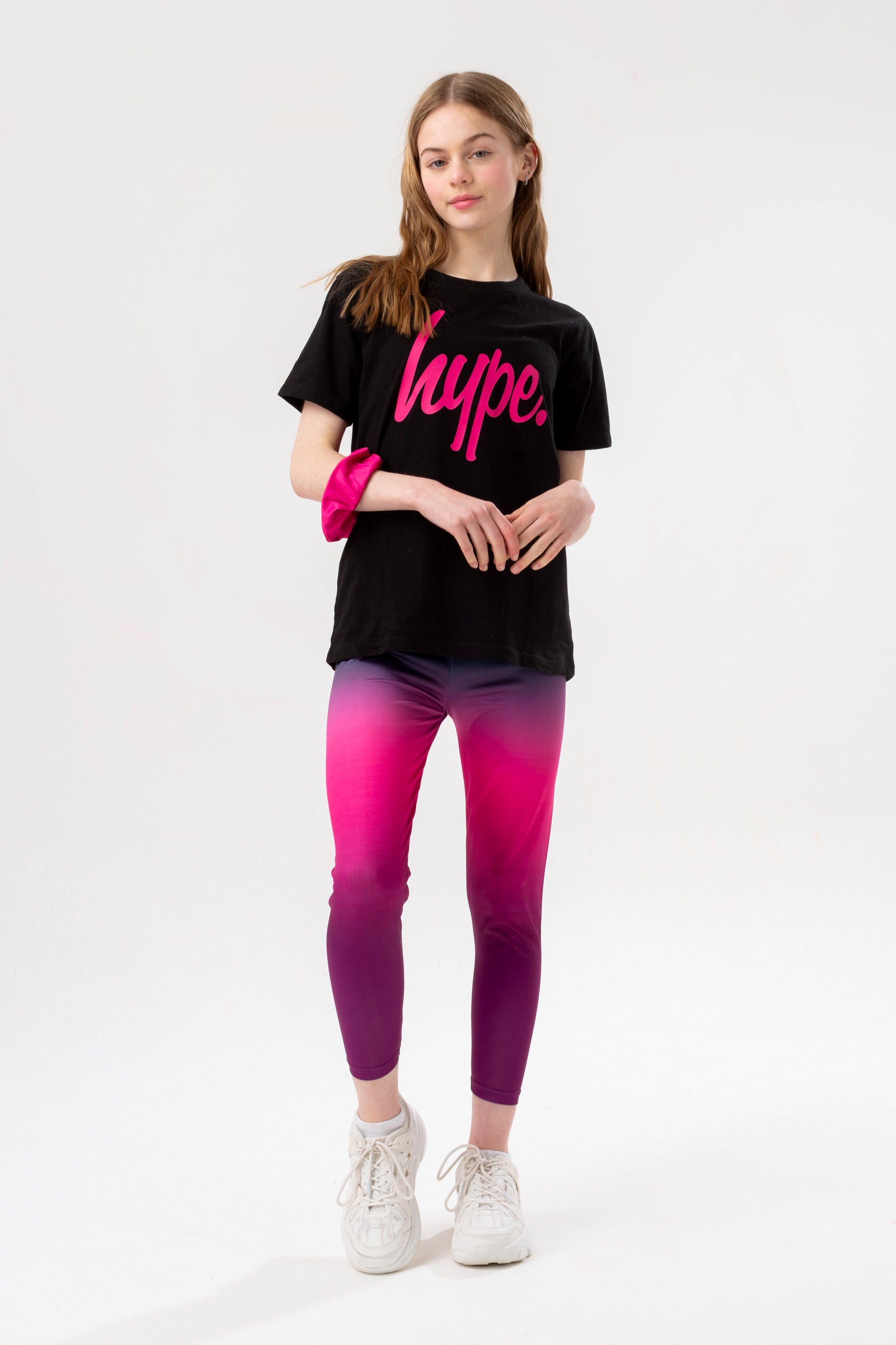 hype girls black to pink fade script t-shirt & leggings & scrunchie set