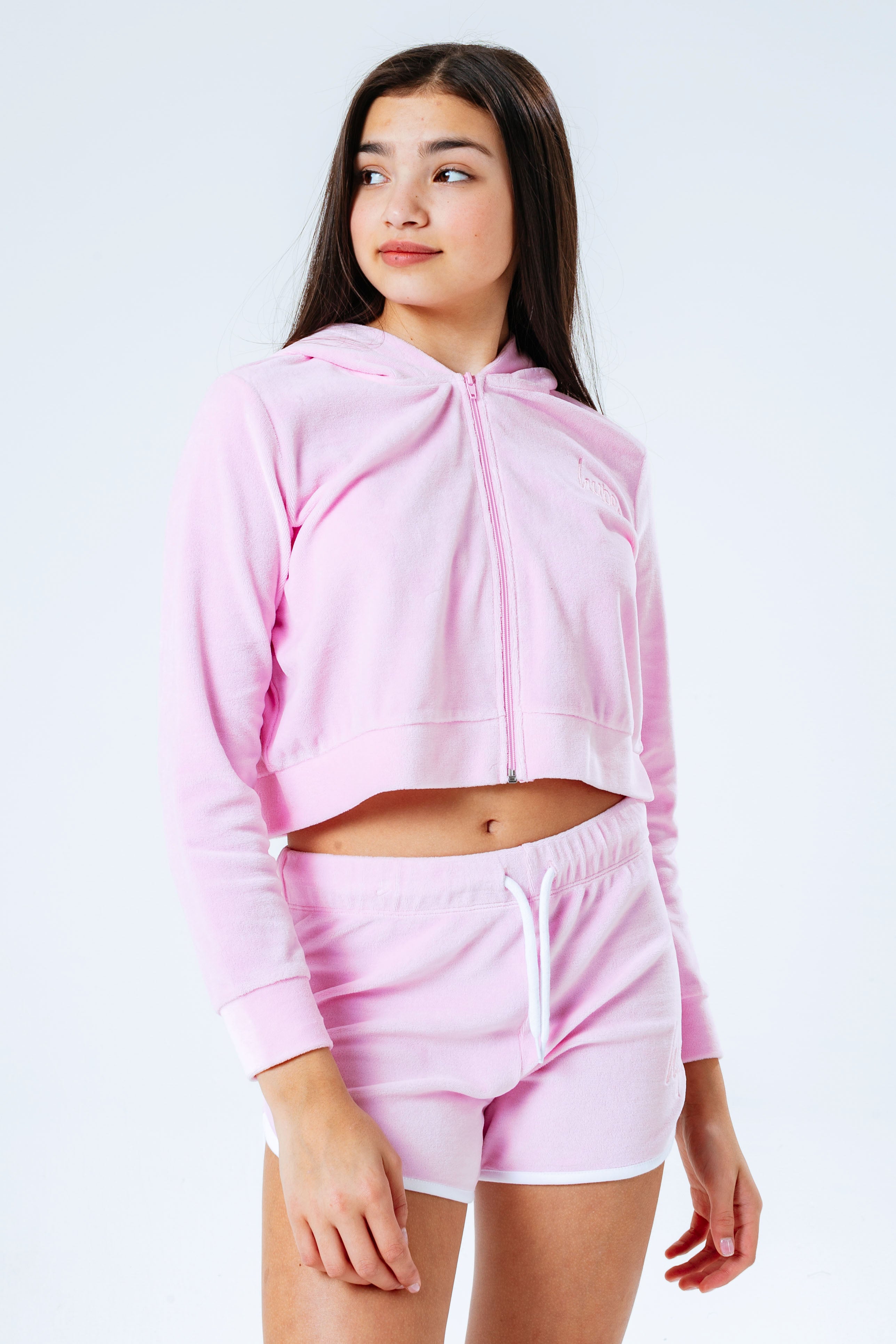 hype pink velour girls crop zip hoodie