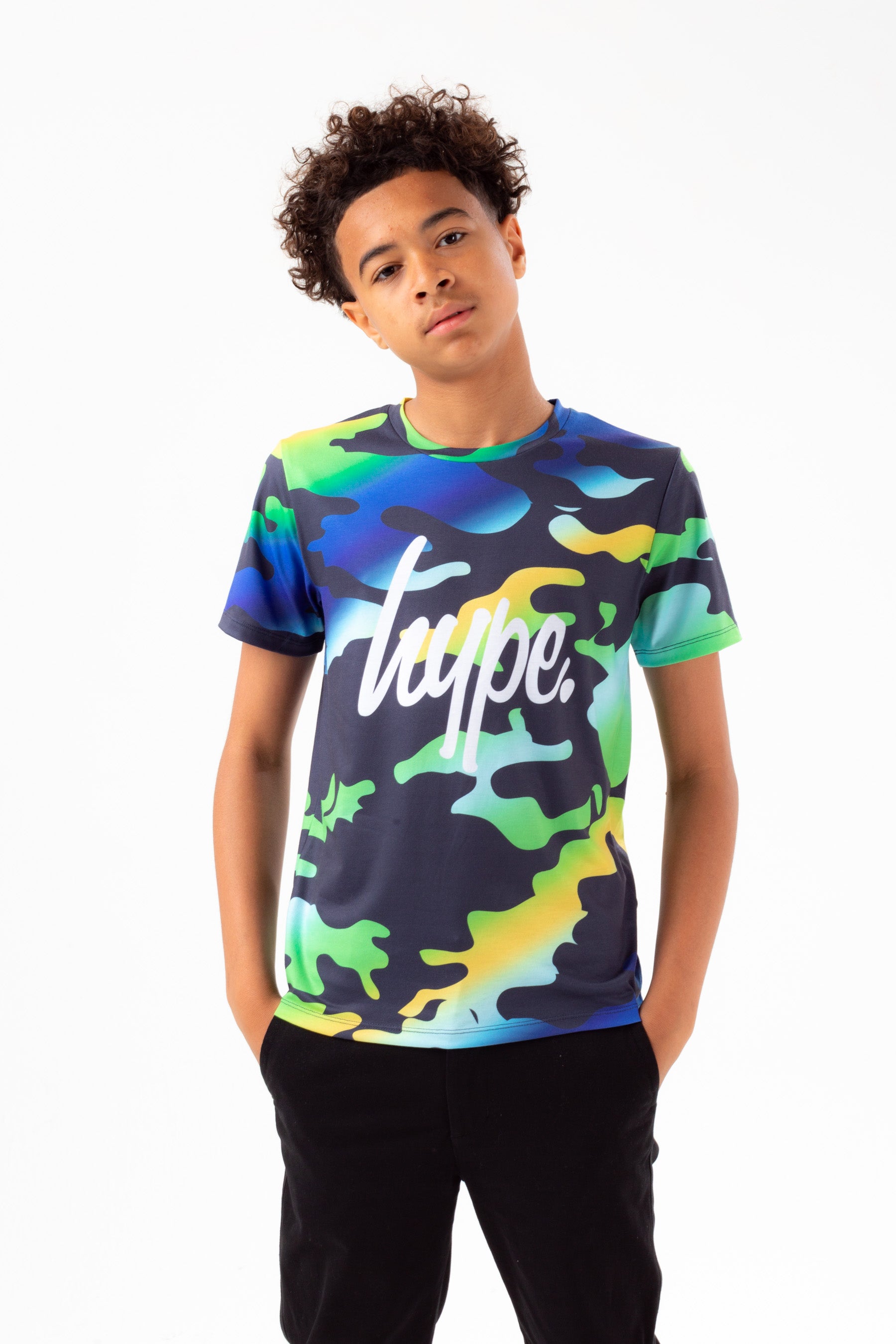 hype boys blue gradient camo script t-shirt