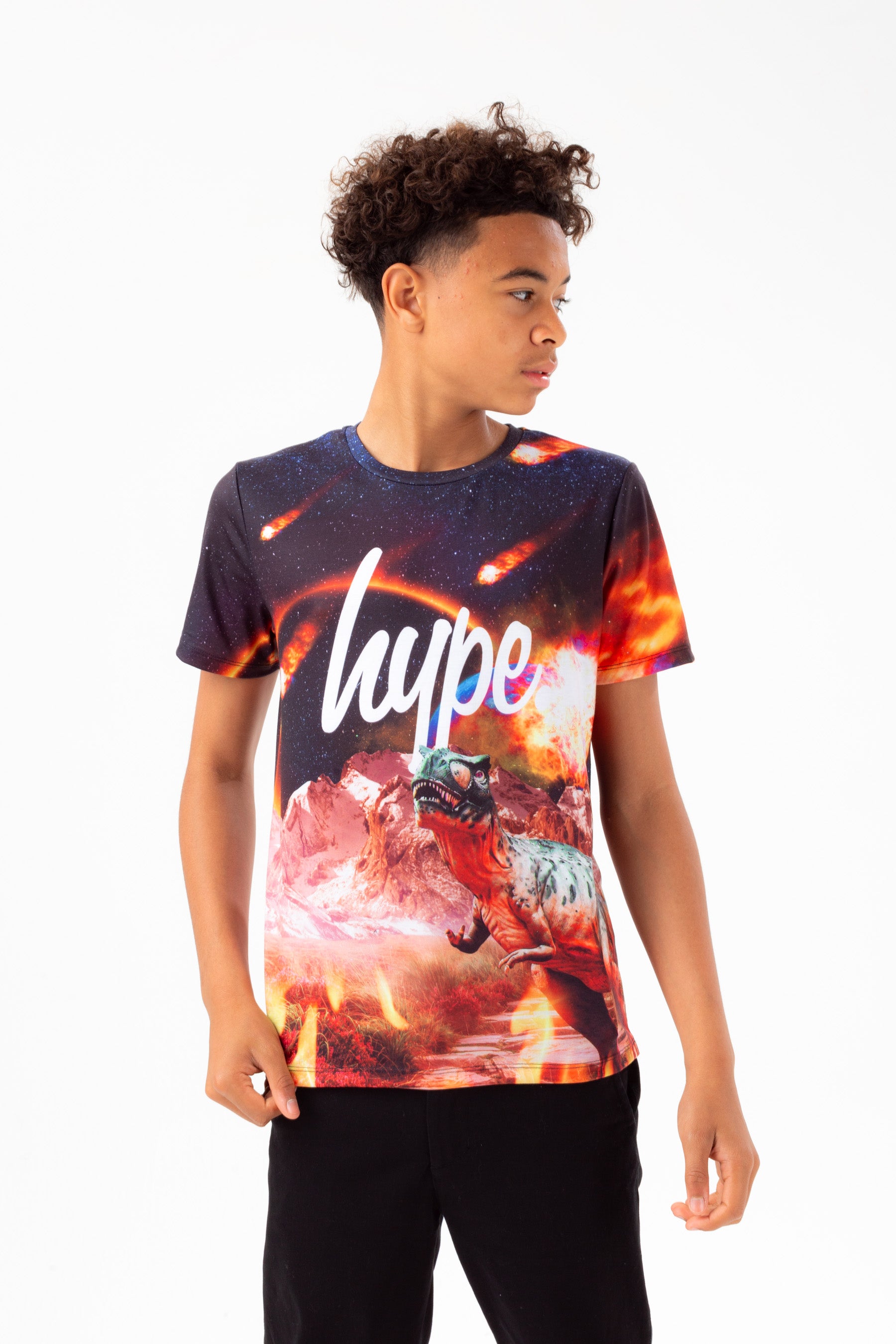 hype boys red dinosaur meteor script t-shirt