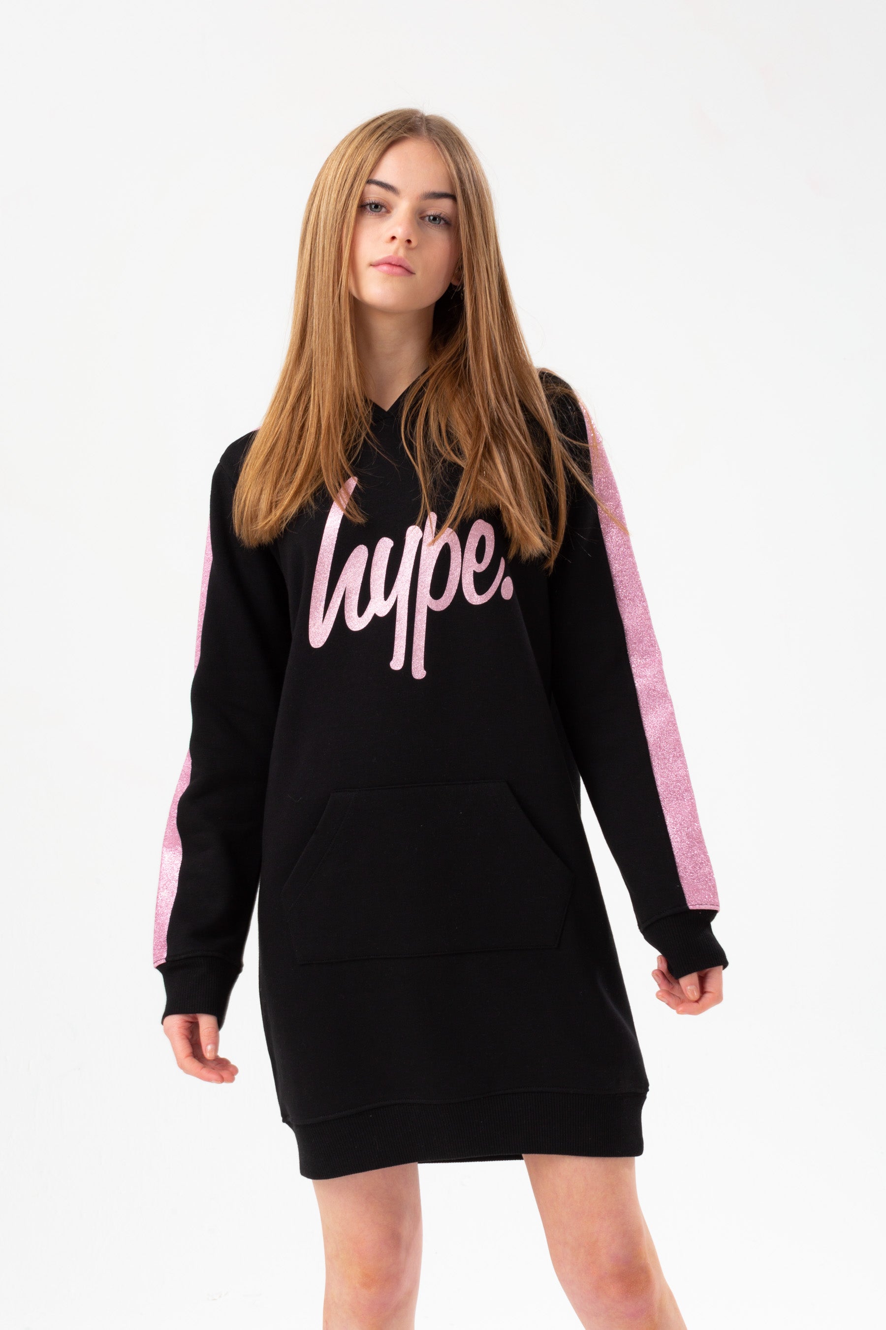 hype girls black pink panel script hoodie dress