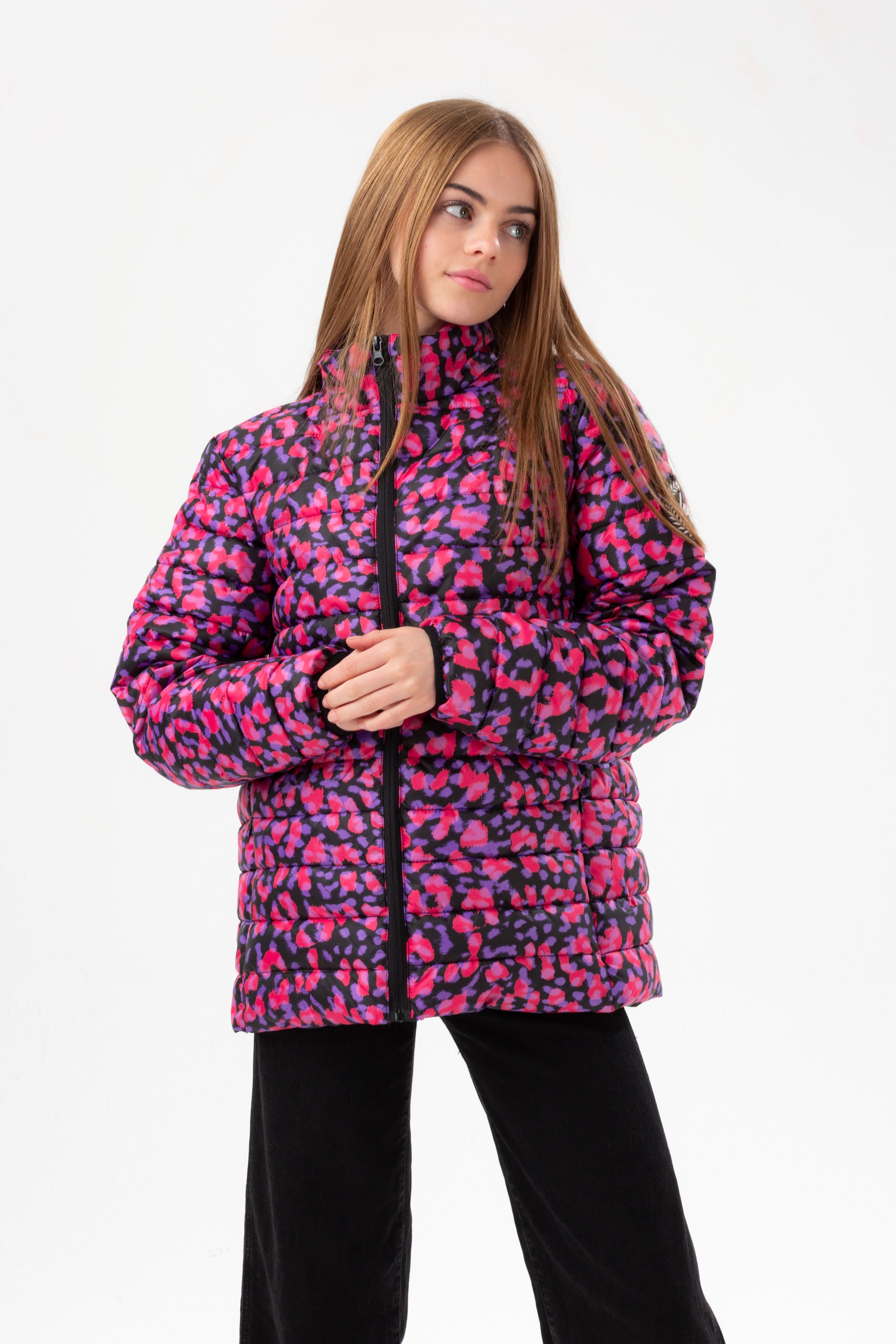 hype girls purple neon cheetah padded arm crest jacket