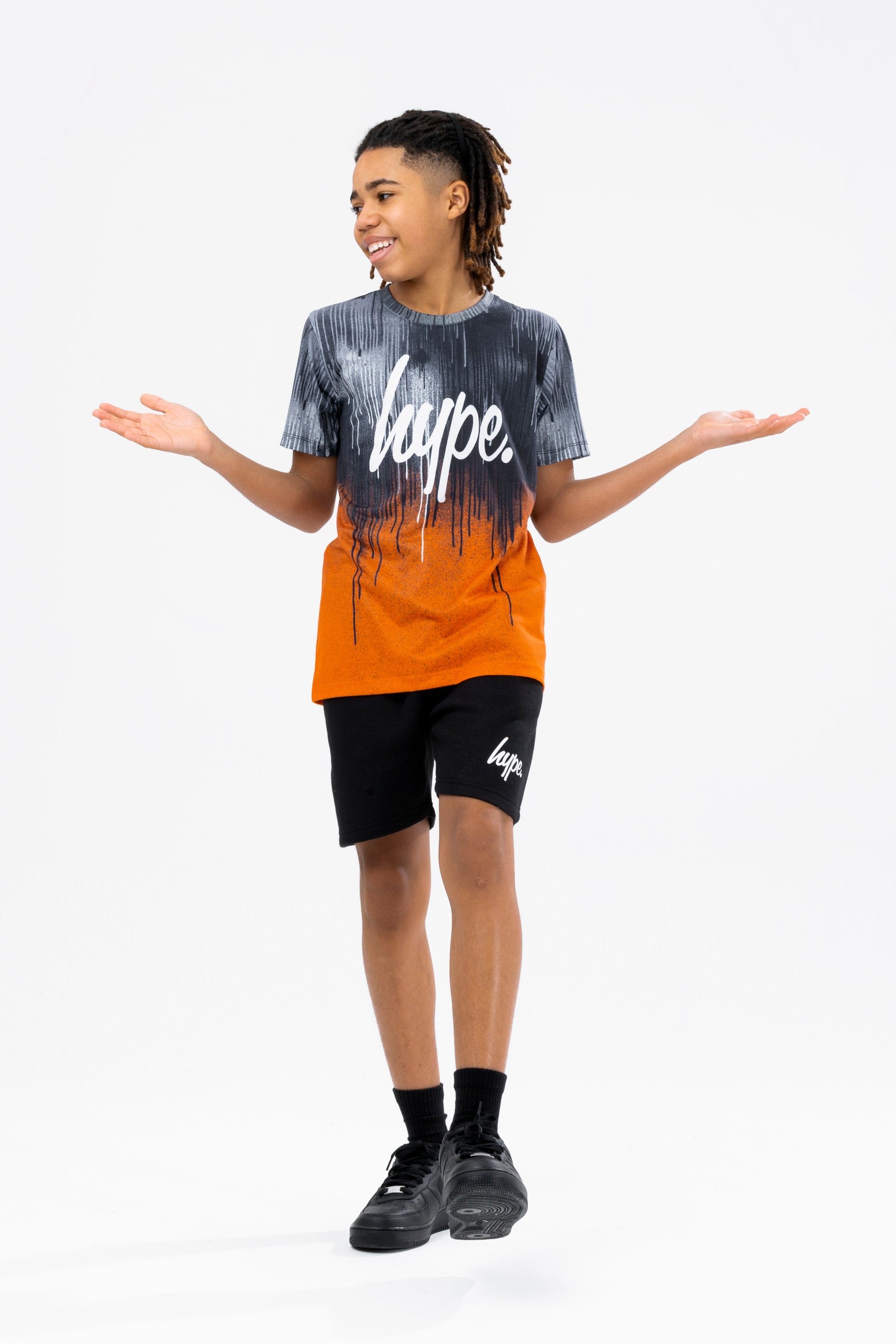 hype boys orange drips script tee & shorts set