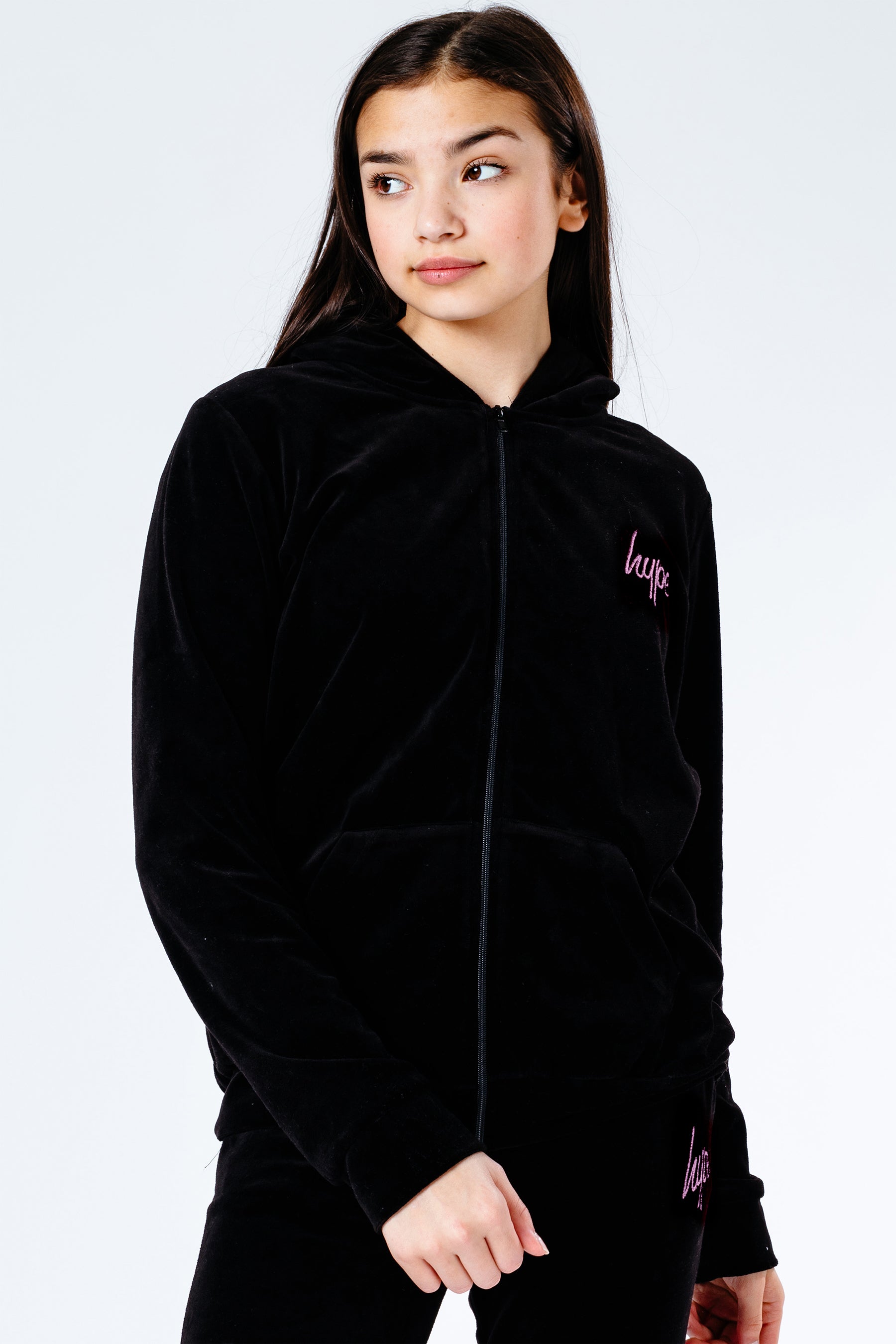 hype girls black velour zip through hoodie