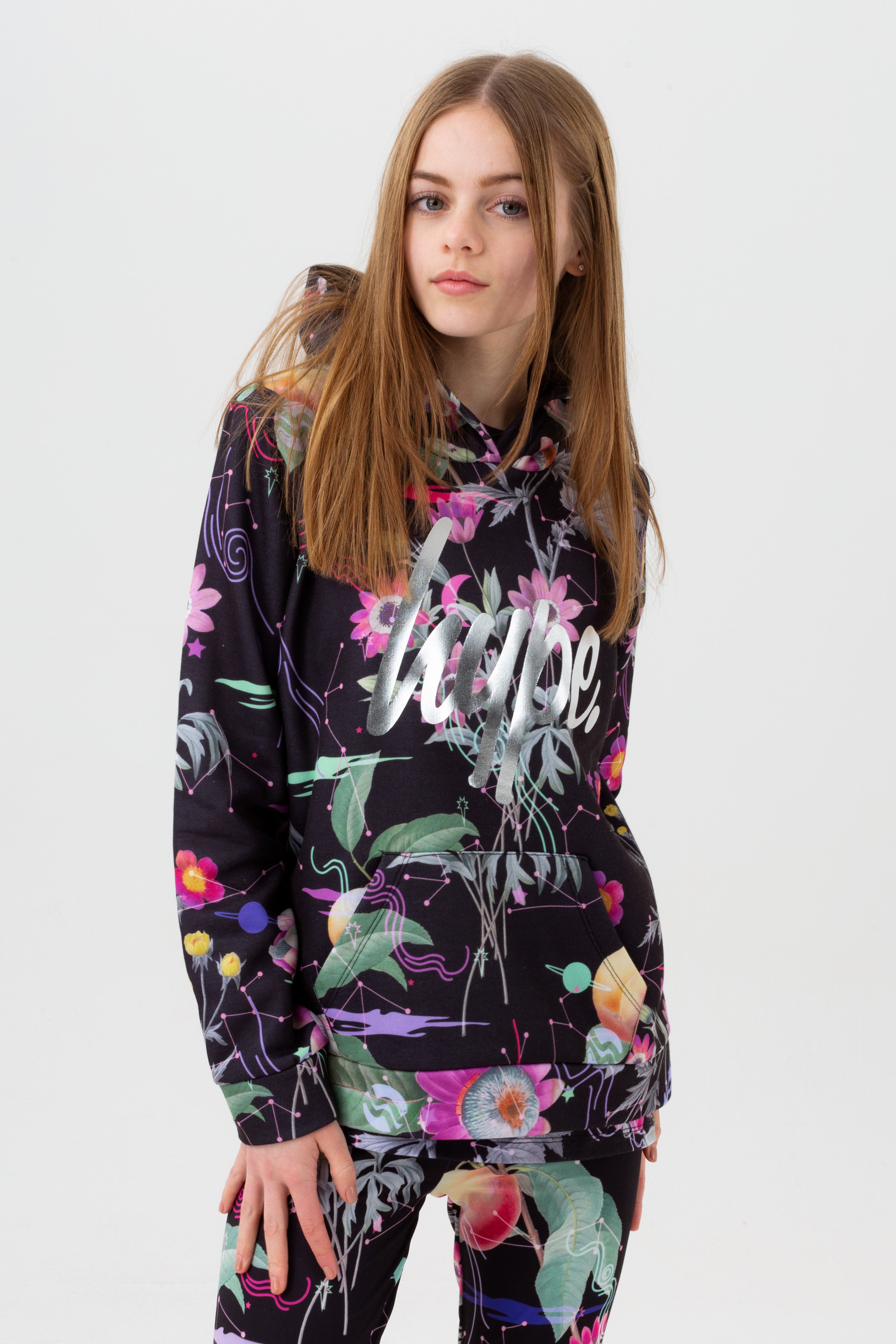 hype girls black mystic flower script hoodie