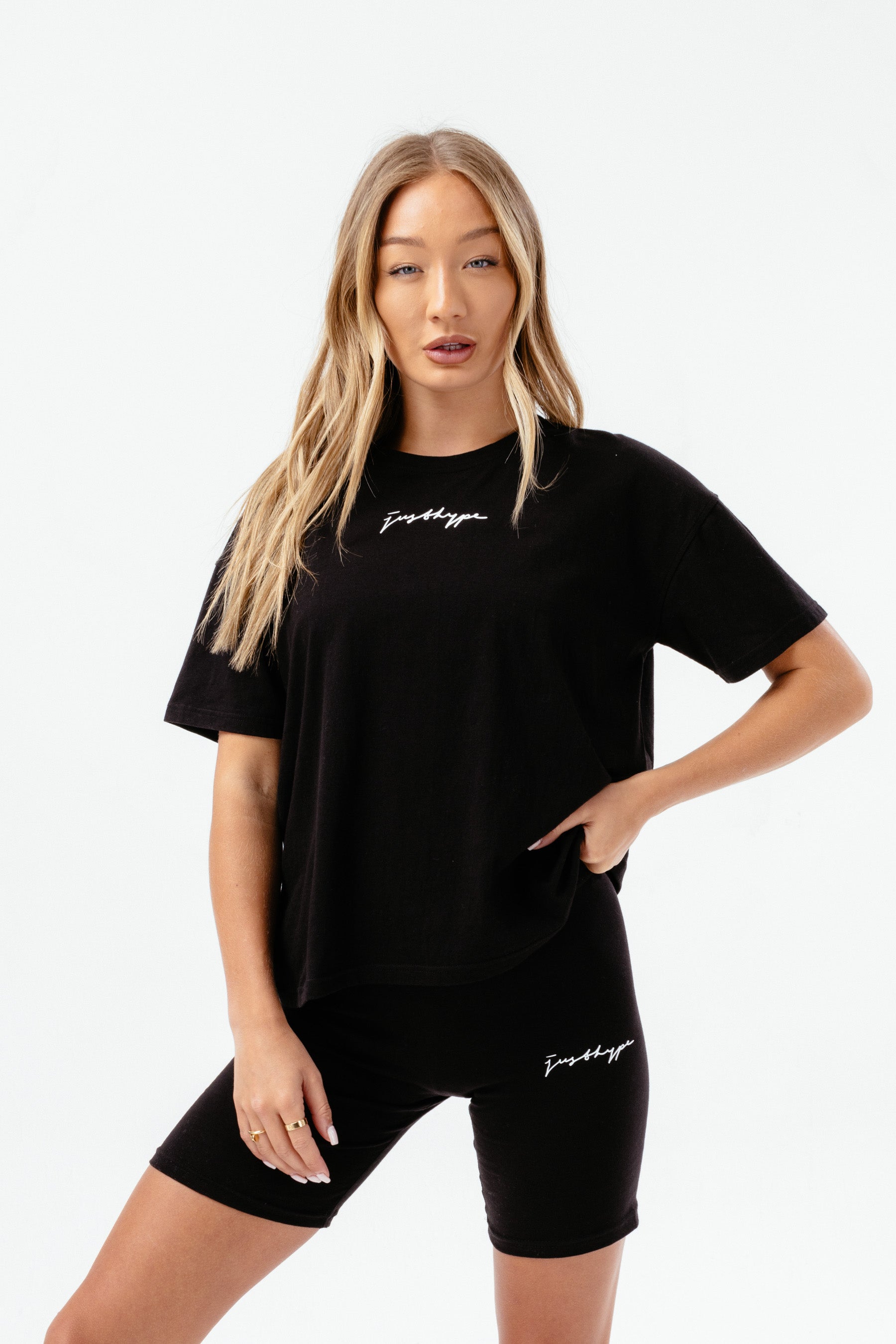 hype womens black scribble boxy tee & cycling shorts set