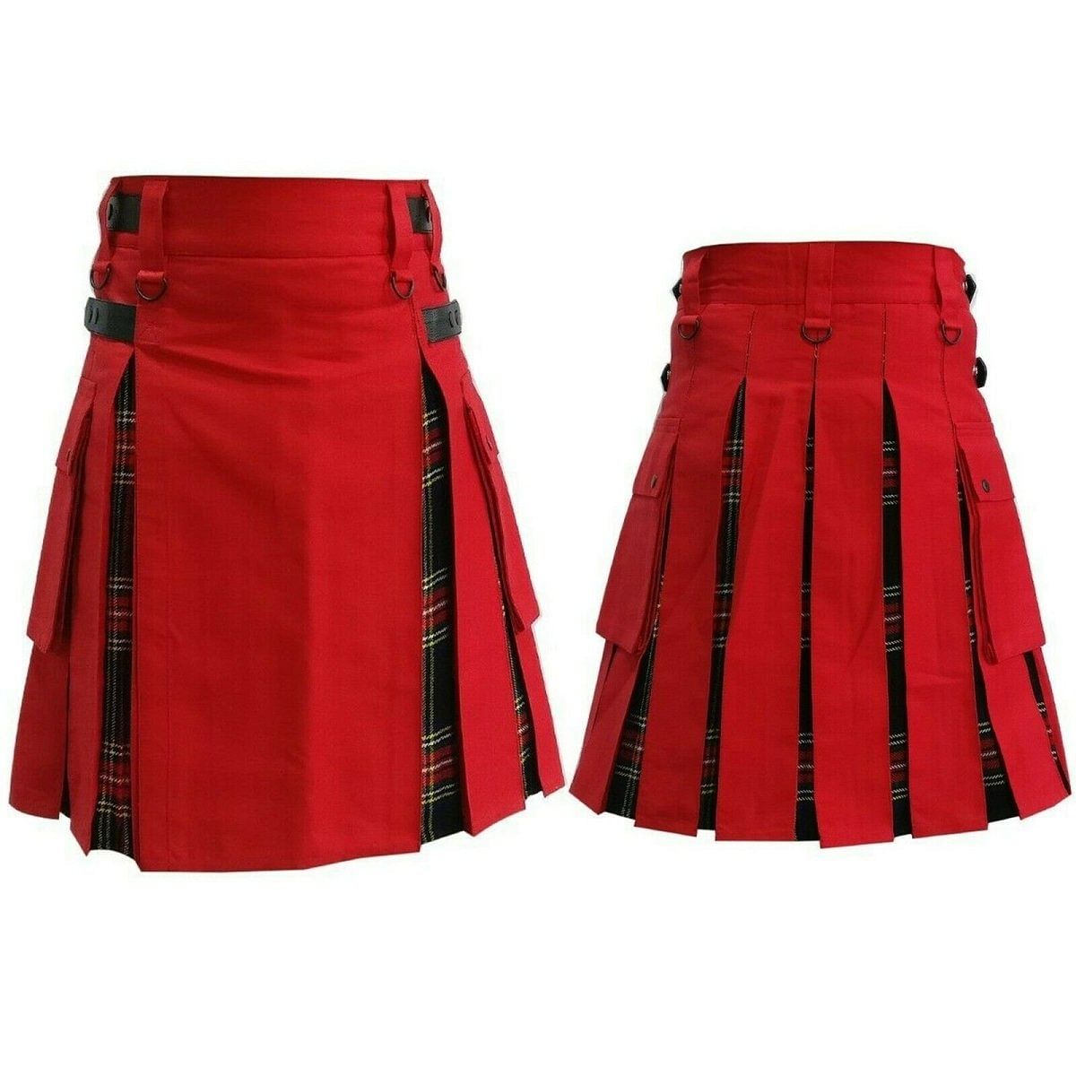 Men's handmade Red/Black Deluxe Utility Fashion Kilt 100% Cotton ALL SIZES. 