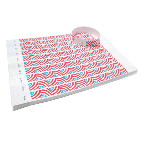 sheet of red, white, and blue tyvek wristbands for patriotic holiday