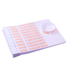 sheet of orange and white age verified tyvek wristbands