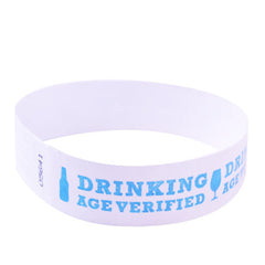 white and light blue drinking age verified tyvek wristband