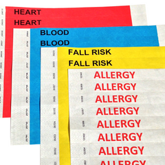 variety of medical id wristbands for heart, blood, fall risk, and allergy