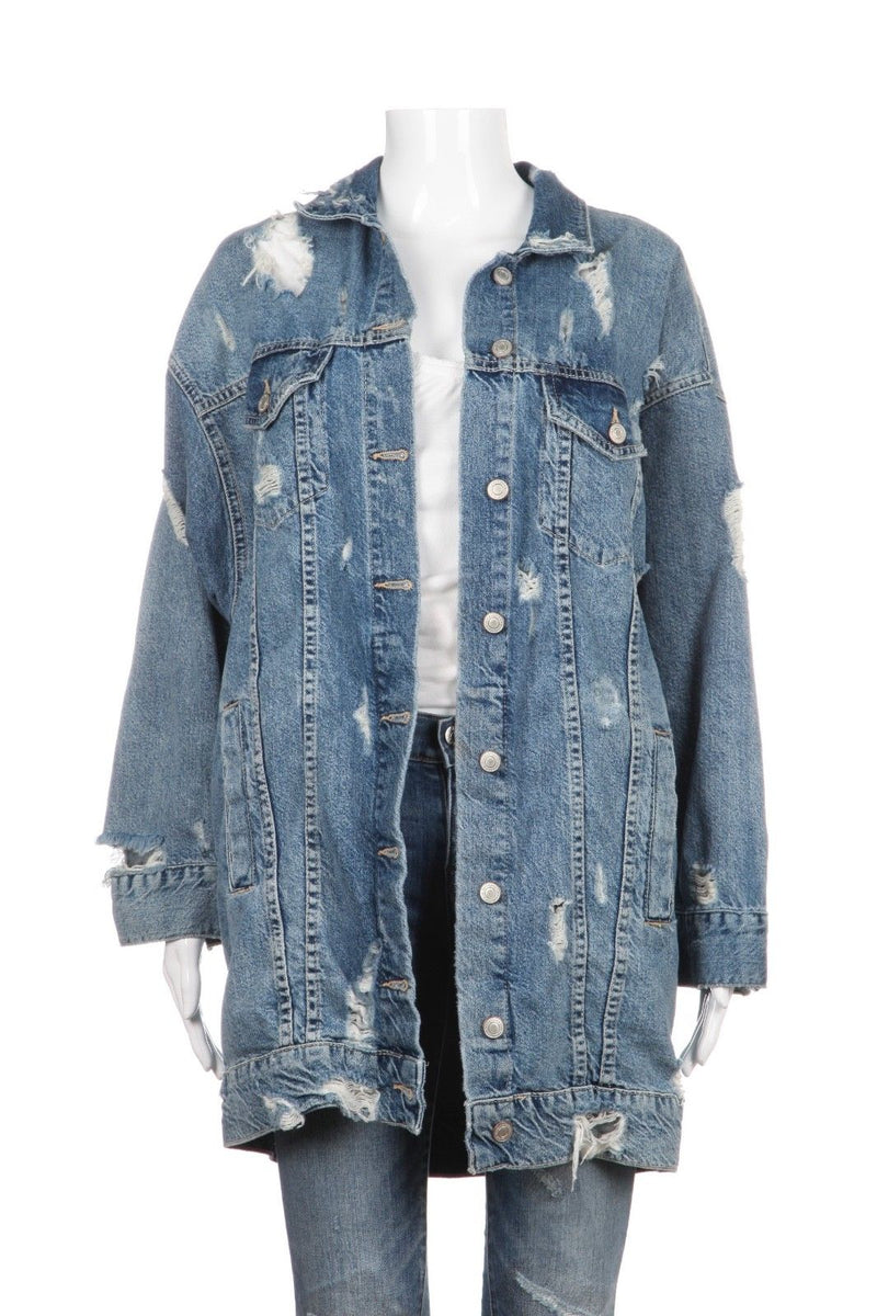ZARA Oversized Long Denim Blue Jean Distressed Jacket Size M – Style-Hunting