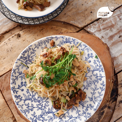 Sesame Rice Noodles with Shitake and Future Fresh Pea Shoots (Dou Miao)