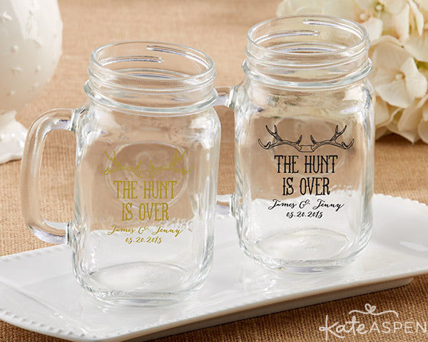 Personalized Mason Jar Mugs | The Hunt Is Over | Antler Themed Engagement Party | Kate Aspen Engagement Party Favors and Decor | Bridal Shower Favors and Decor | 