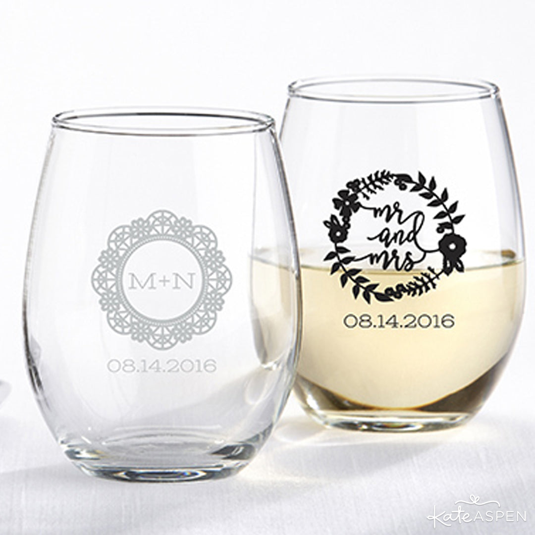 Personalized 15 oz. Stemless Wine Glass - Romantic Garden | Kate Aspen