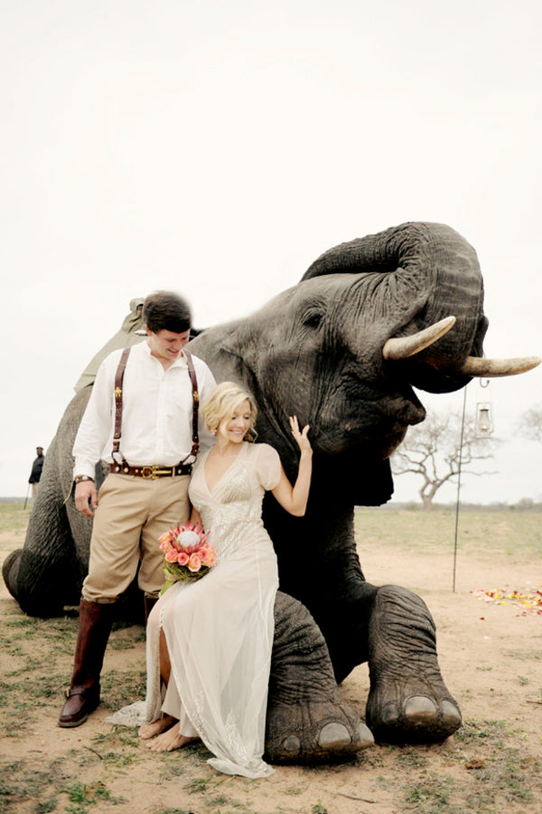 Bride and Groom with Elephant | African Safari Wedding | Sarah Marie Photos