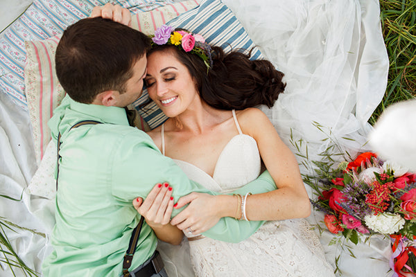 Bride and Groom Boho Shoot on Pillows | Rebecca Anne Photography